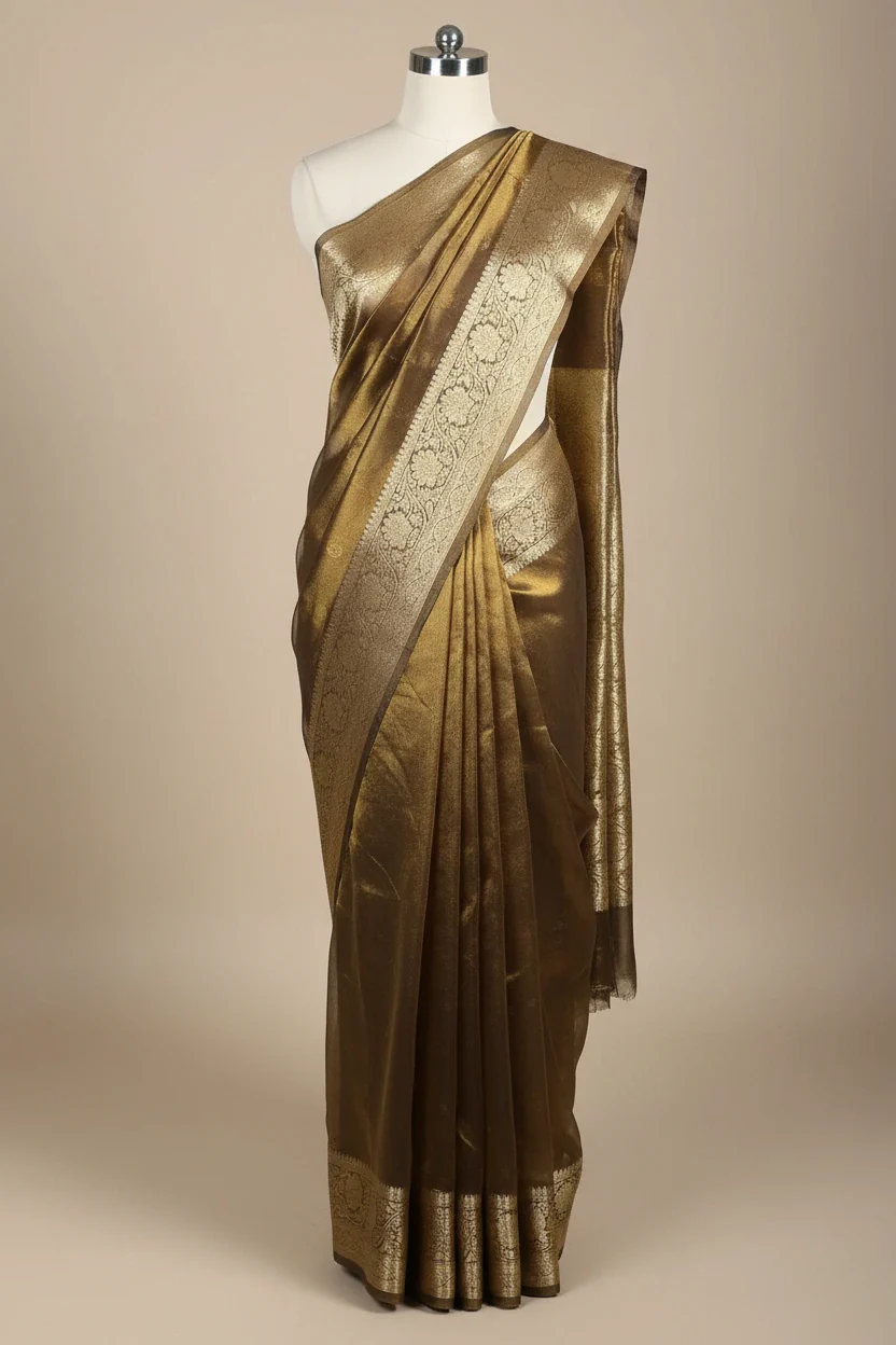 Moose Brown Pure Tissue Silk Banarasi Saree - Image 2