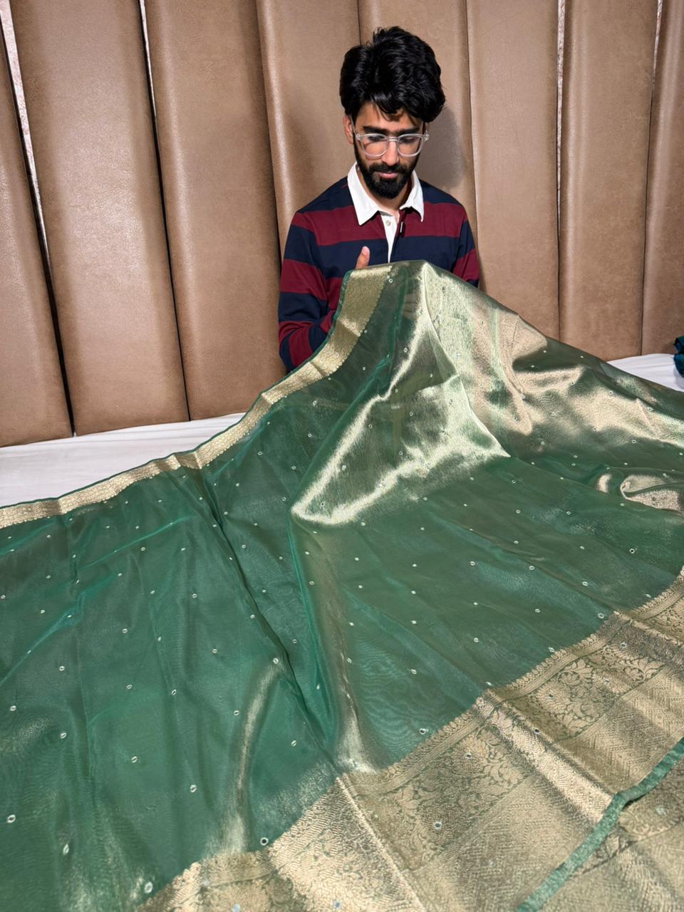 Moose Green Kora Tissue Silk Mirror Work Saree - Image 3