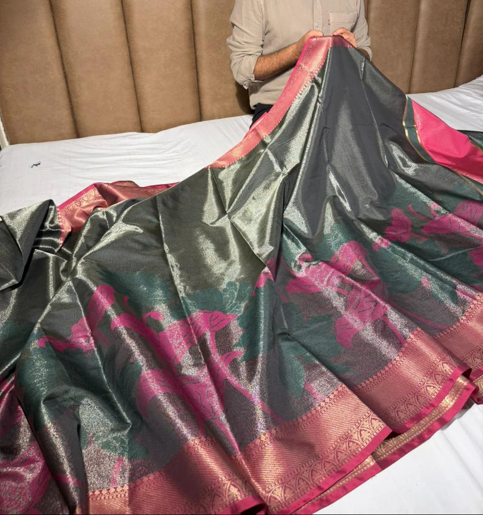 Most Premium Banarasi Tissue With Grand Floral Weave Design - Image 3