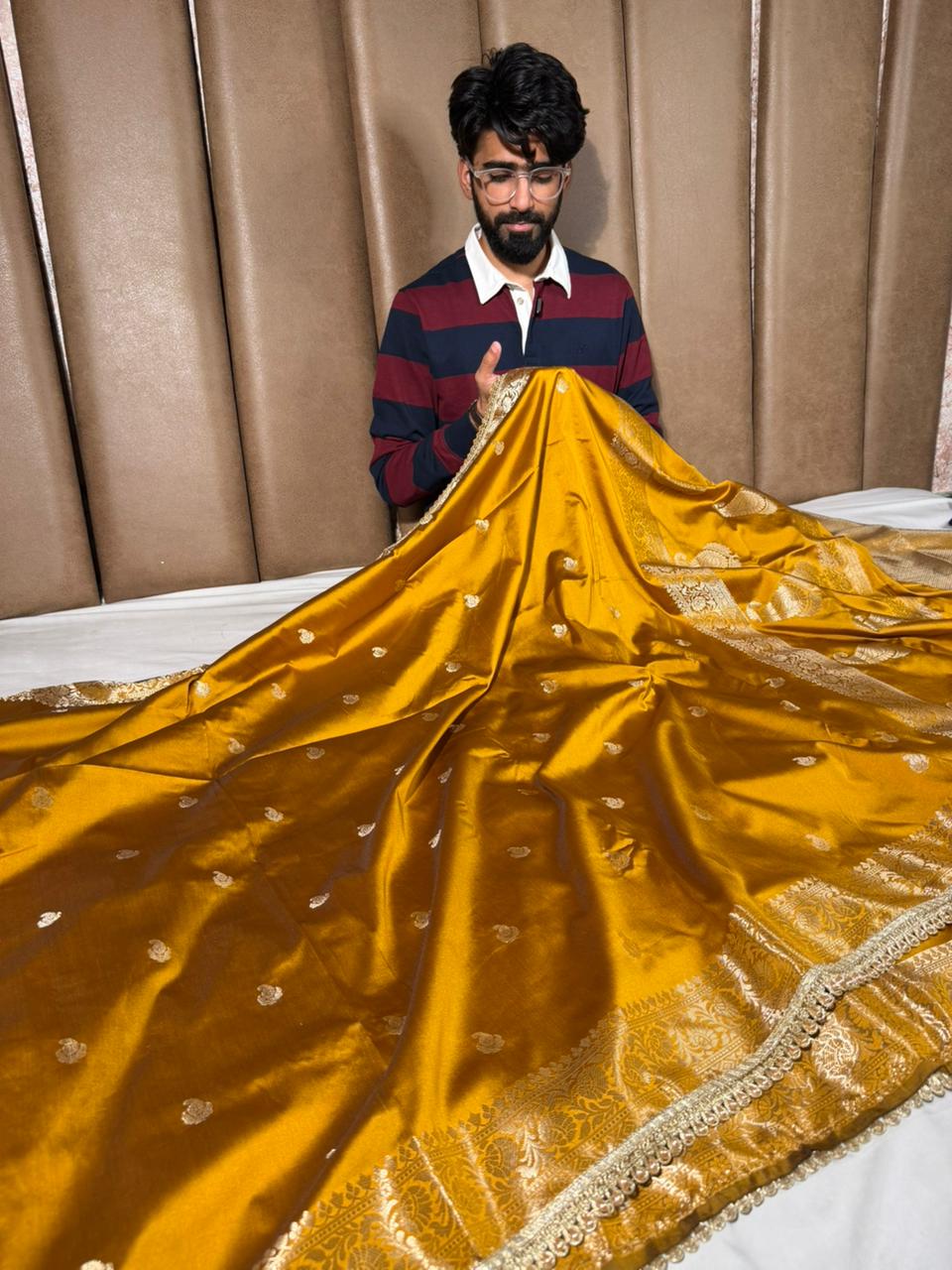 Mustard Banarasi Silk Lace Work Saree - Image 3
