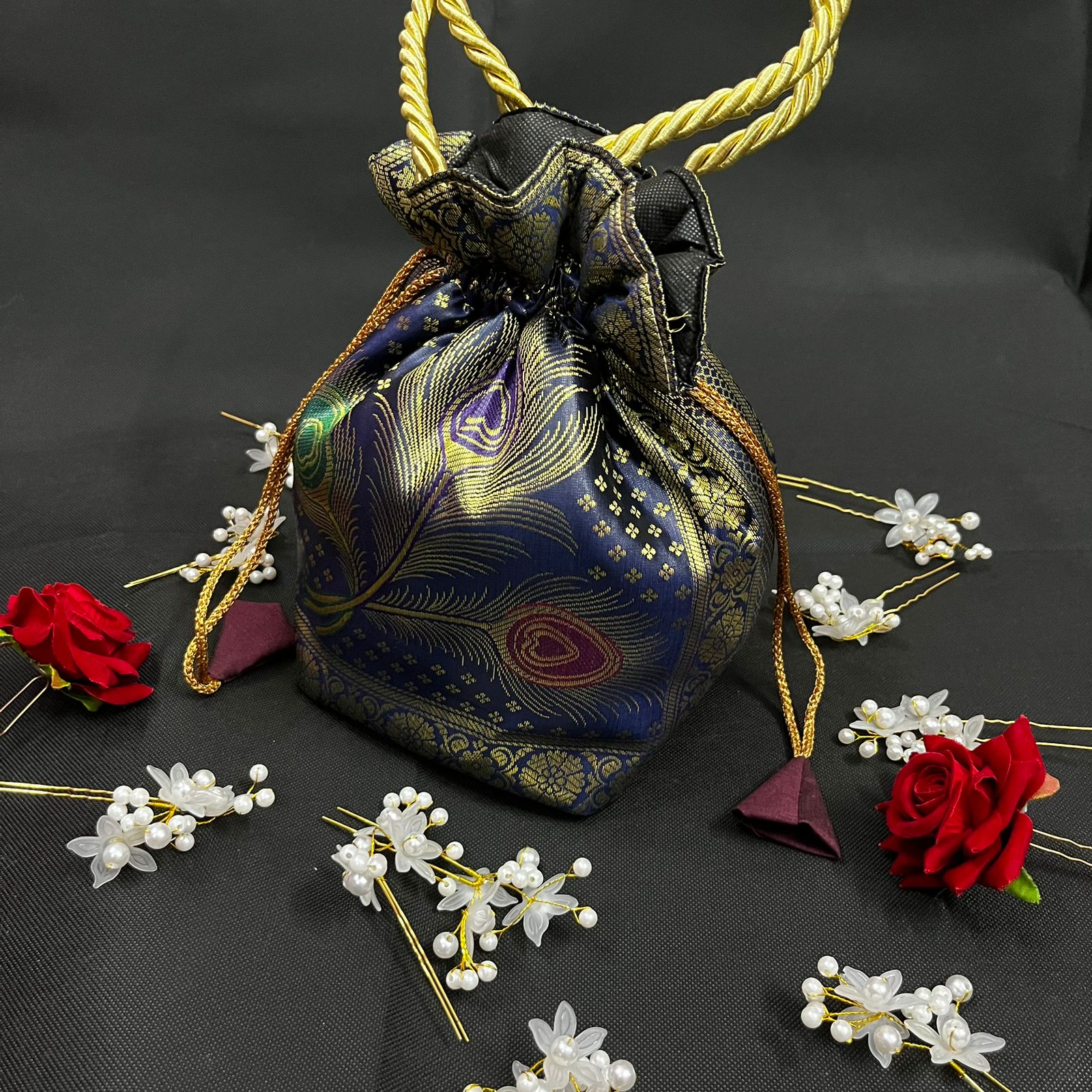Navy Blue Banarasi Potli Bags - Image 2