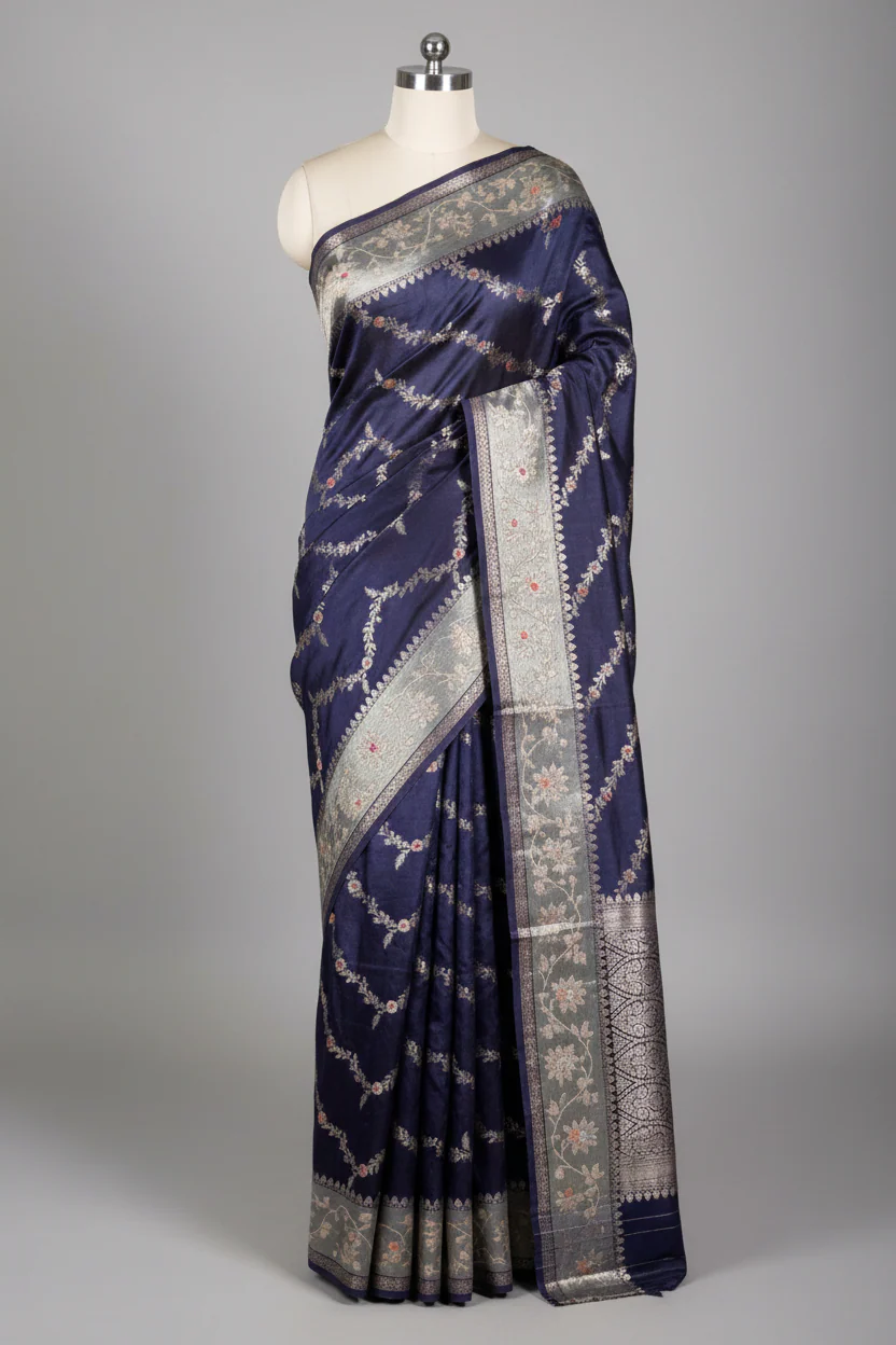 Navy Blue chinia silk meenakari banarasi saree - Image 2