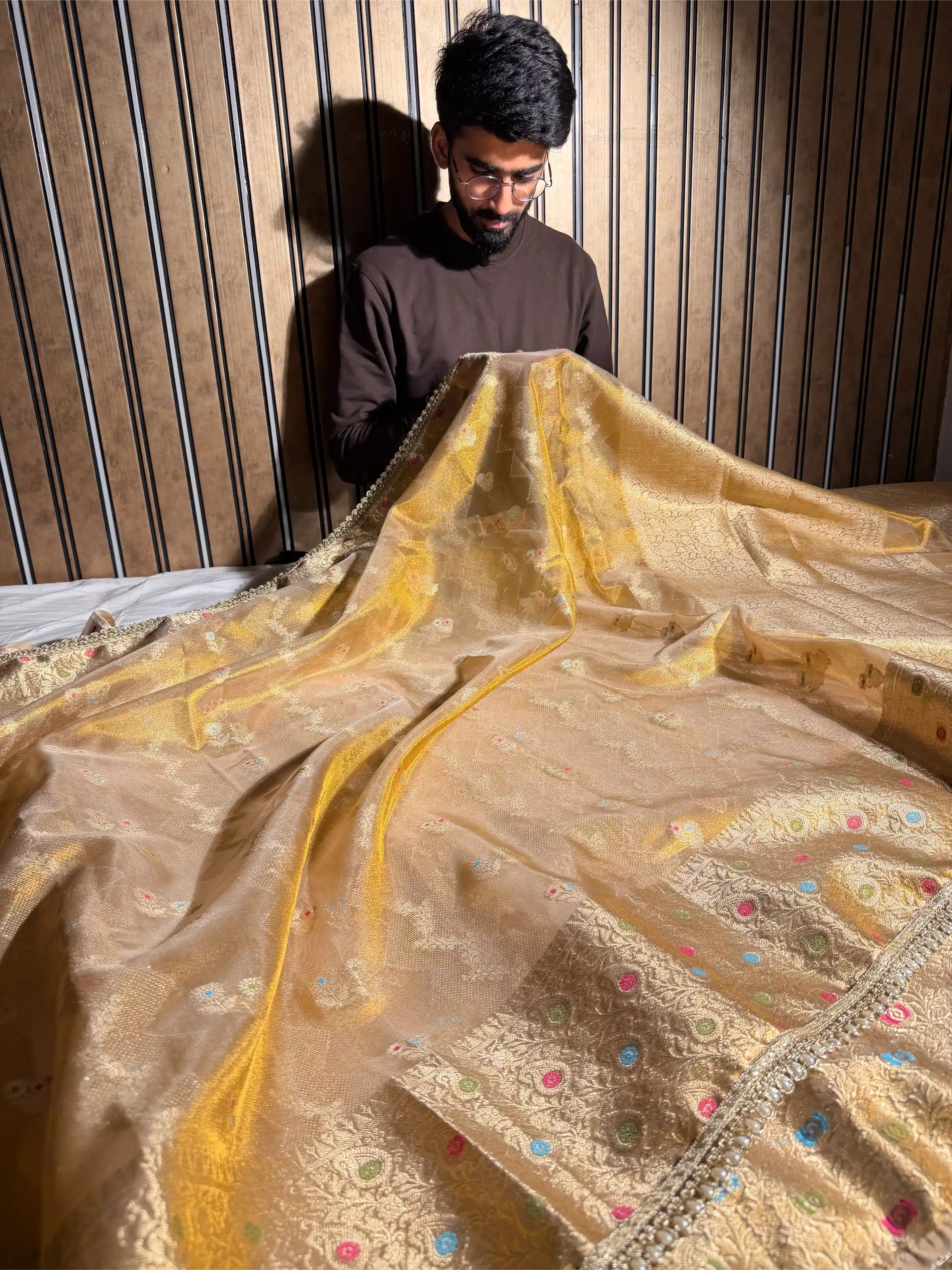 Never Seen Copper Tissue Designer Lace Work Banarasi Saree - Image 3