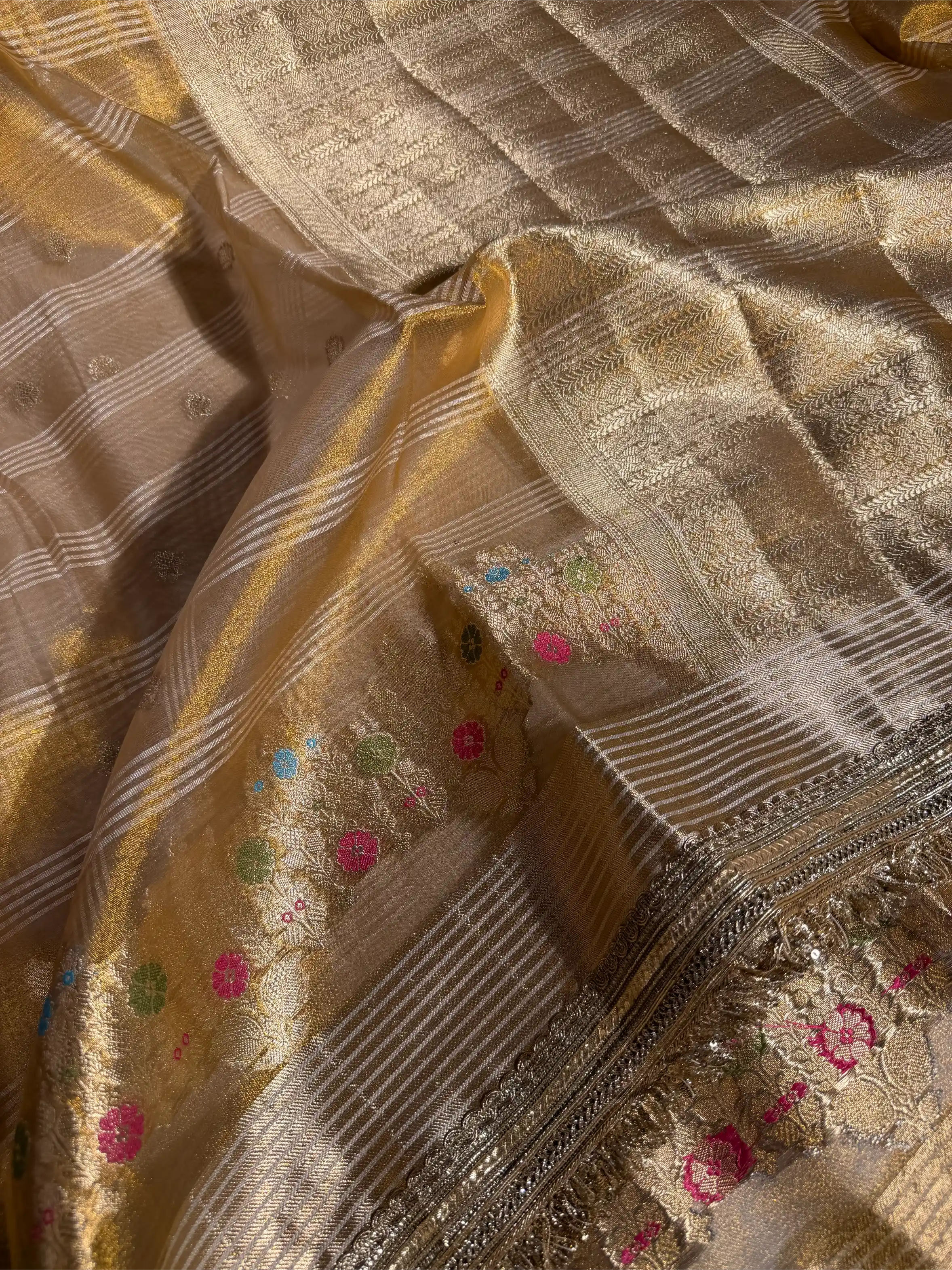 Never Seen Copper Tissue Silk Designer Lace Work Banarasi Saree - Image 2
