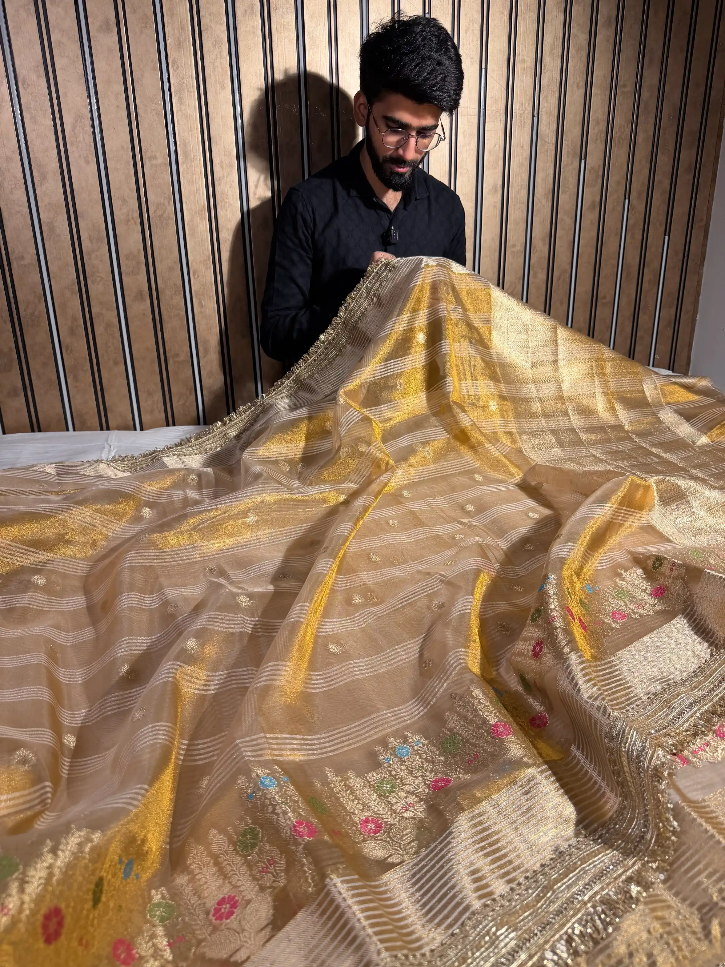 Never Seen Copper Tissue Silk Designer Lace Work Banarasi Saree - Image 3