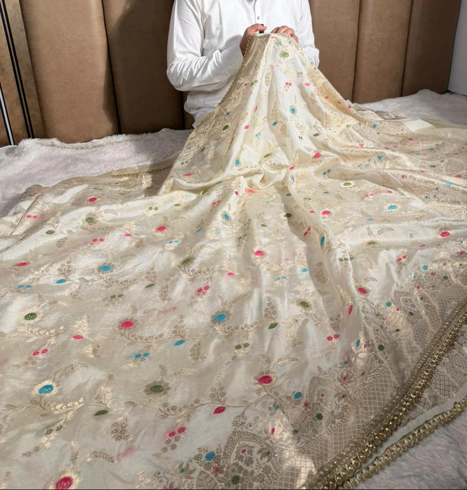 Off White Meenakari Dupion Silk Premium Designer Saree - Image 4