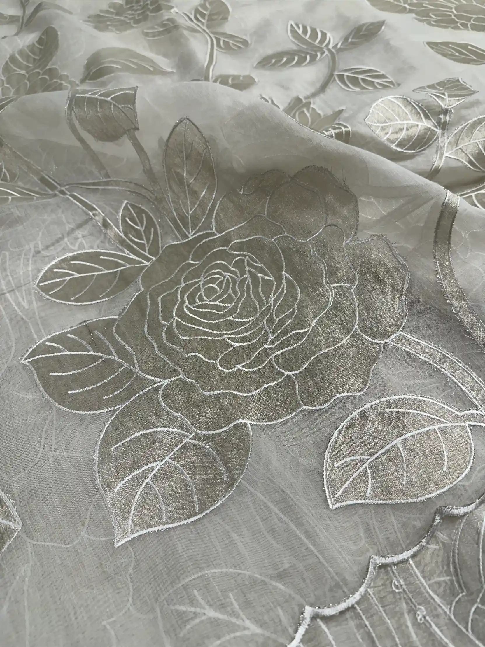 Off White Pure Mul Chanderi Appliqué Work Banarasi Saree - Image 3