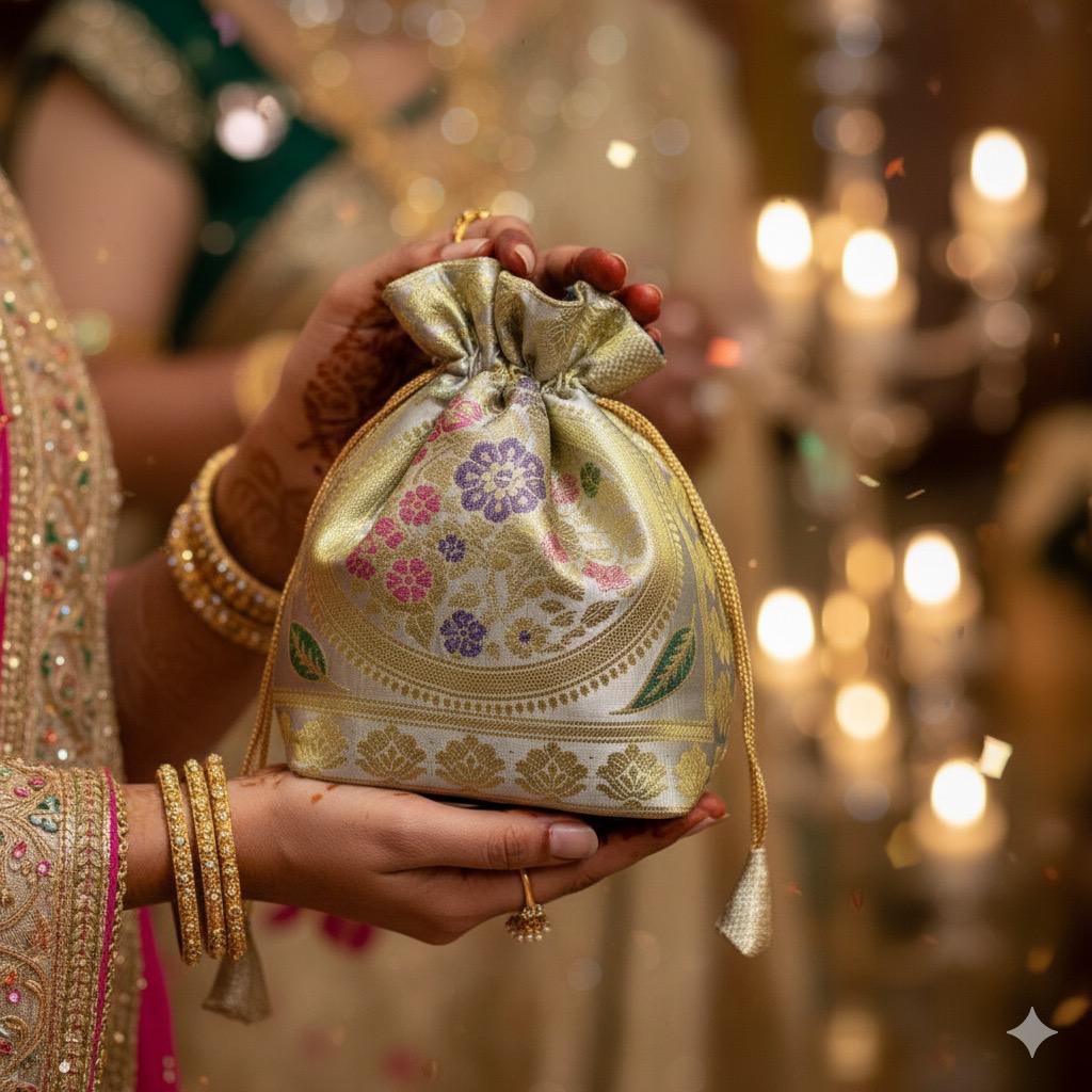 Off White Shade Handcrafted Banarasi Potli Bag