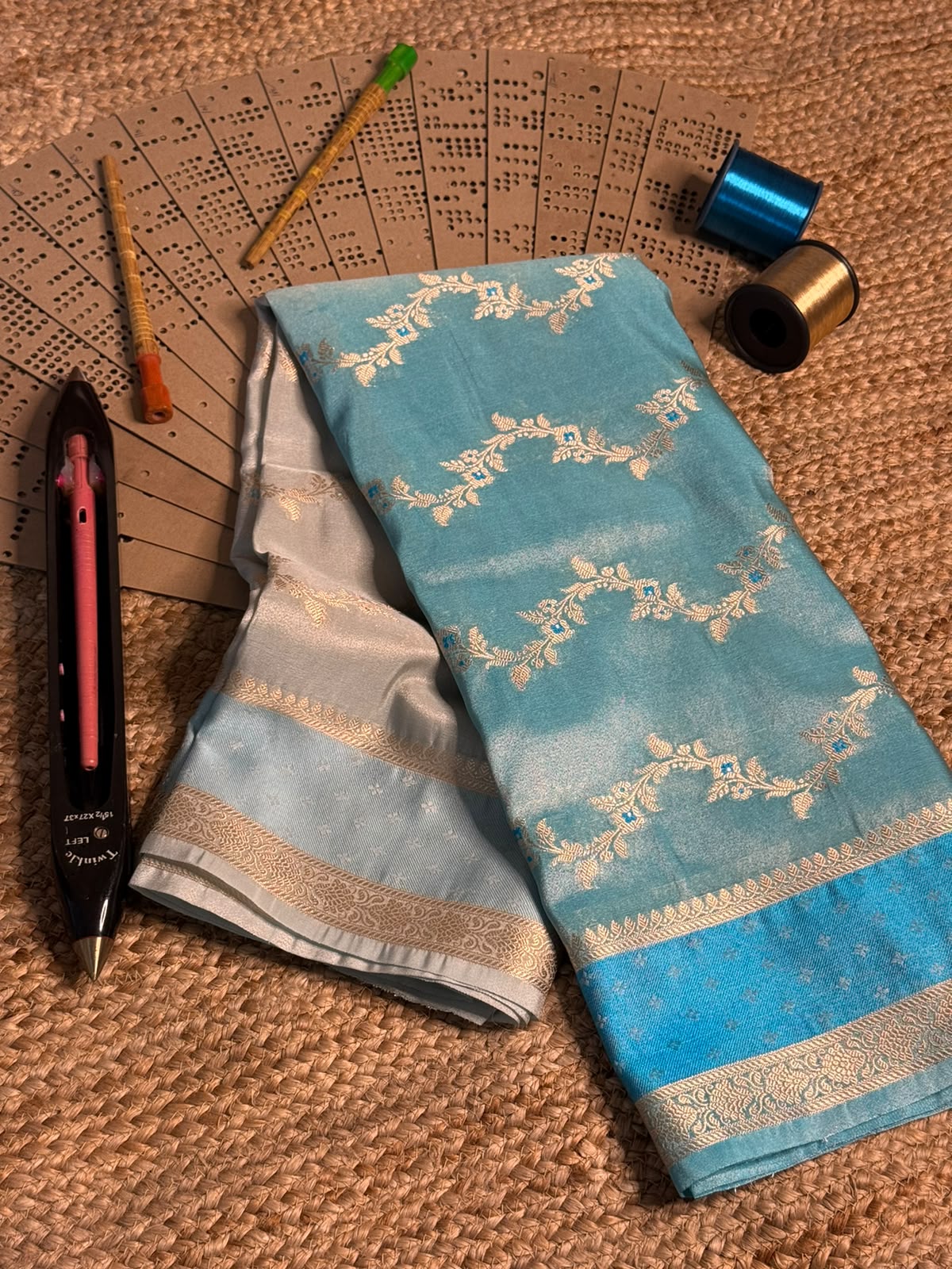 Ombré Blue Breathable Tissue Silk Banarasi Saree - Image 2