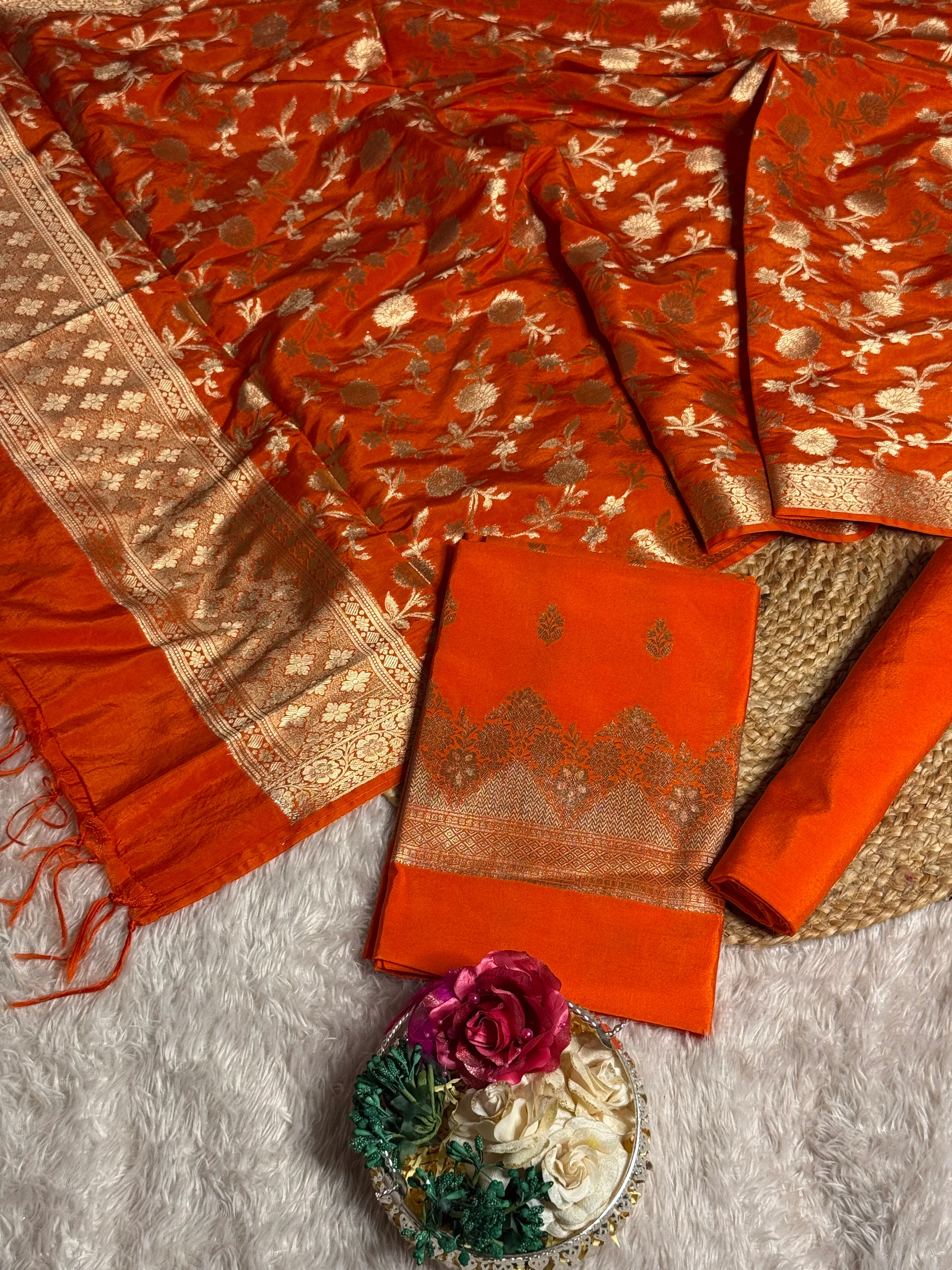 Bright Orange Chinia Silk Premium Banarasi Suit - Image 3