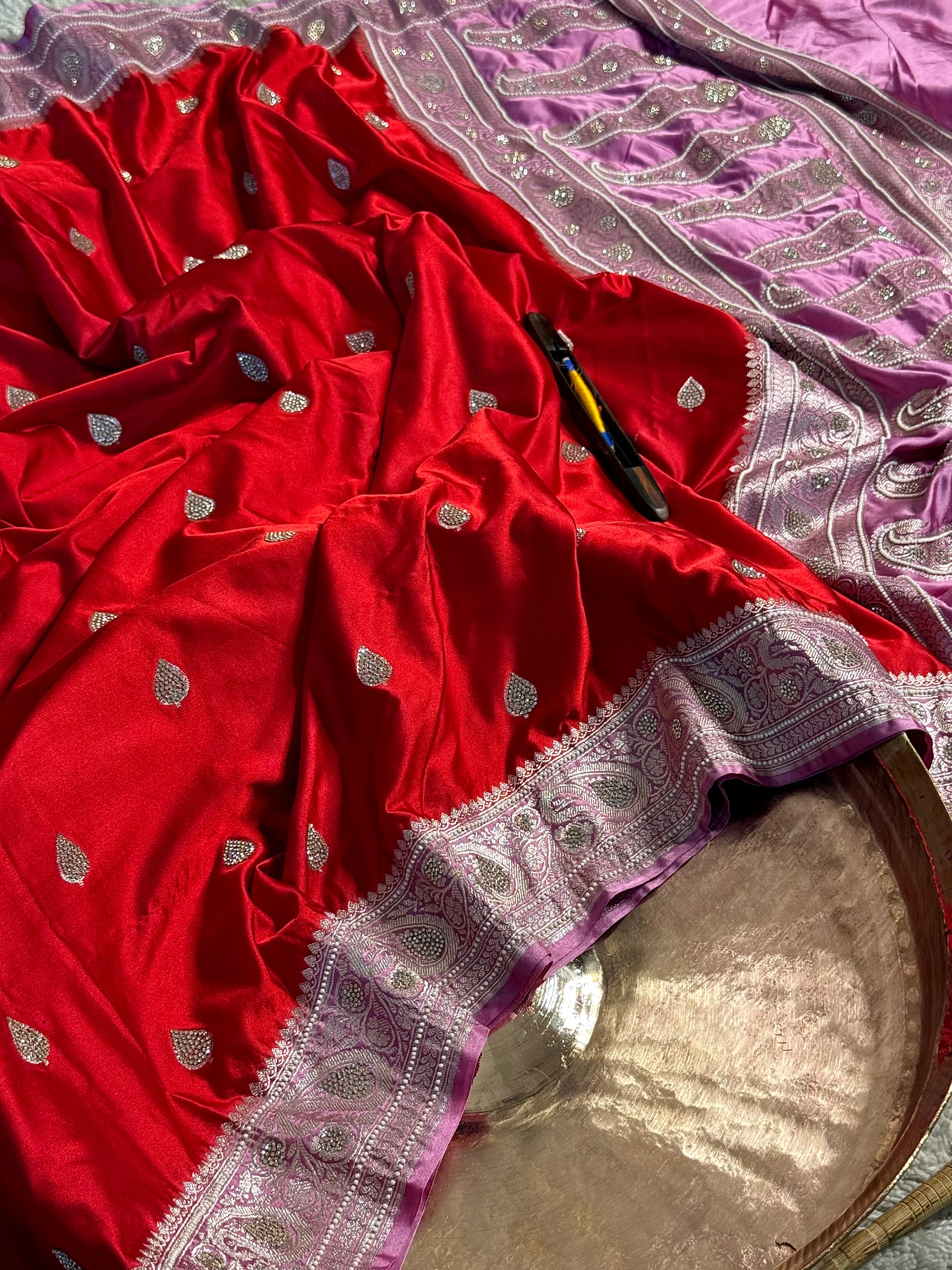 Orange Lilac Mashru Katan Premium Handwork Saree