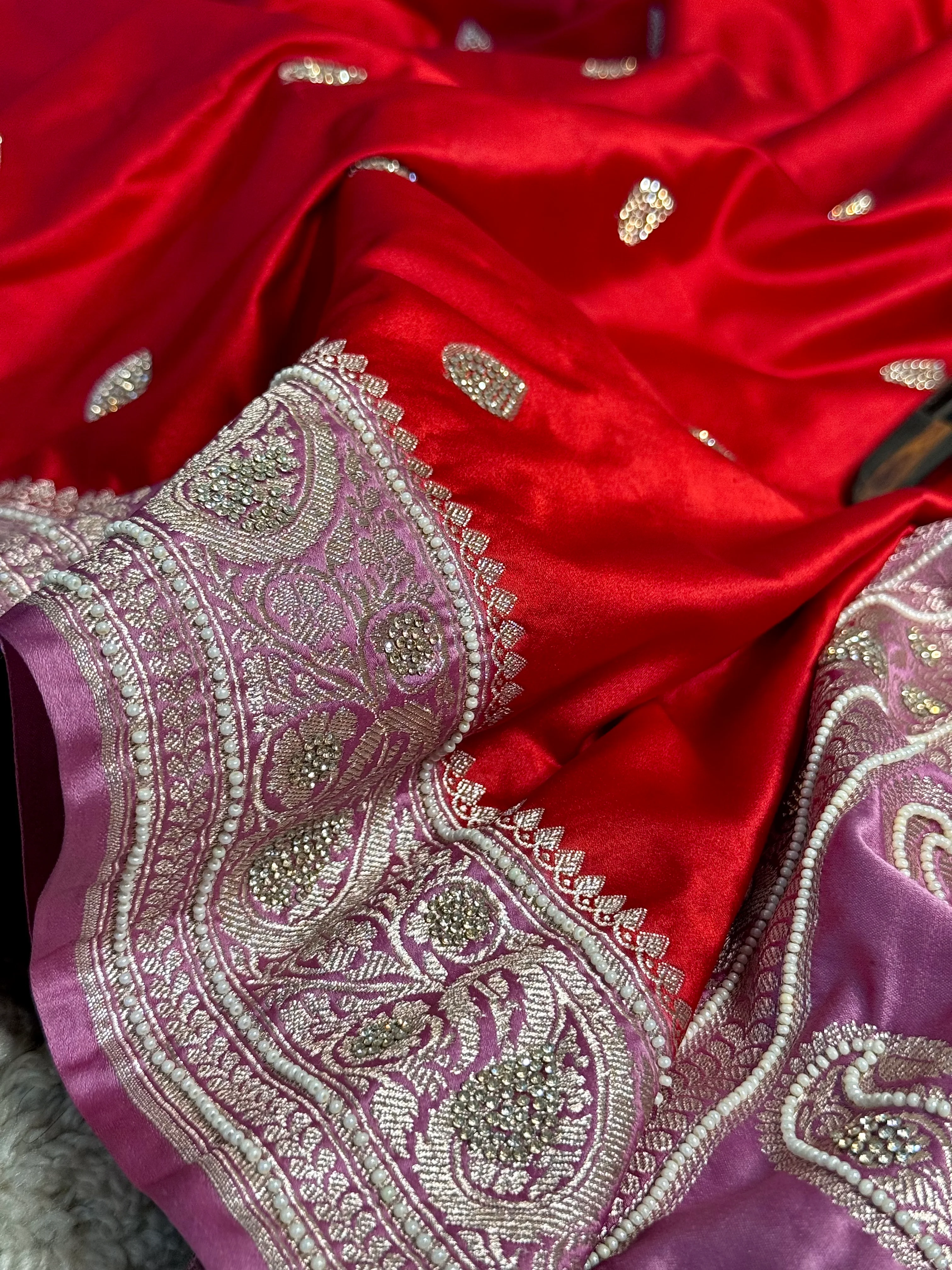 Orange Lilac Mashru Katan Premium Handwork Saree - Image 2