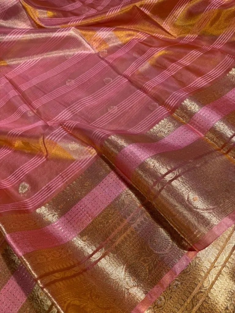 Pastel pink traditional tissue silk Banarasi saree - Image 2