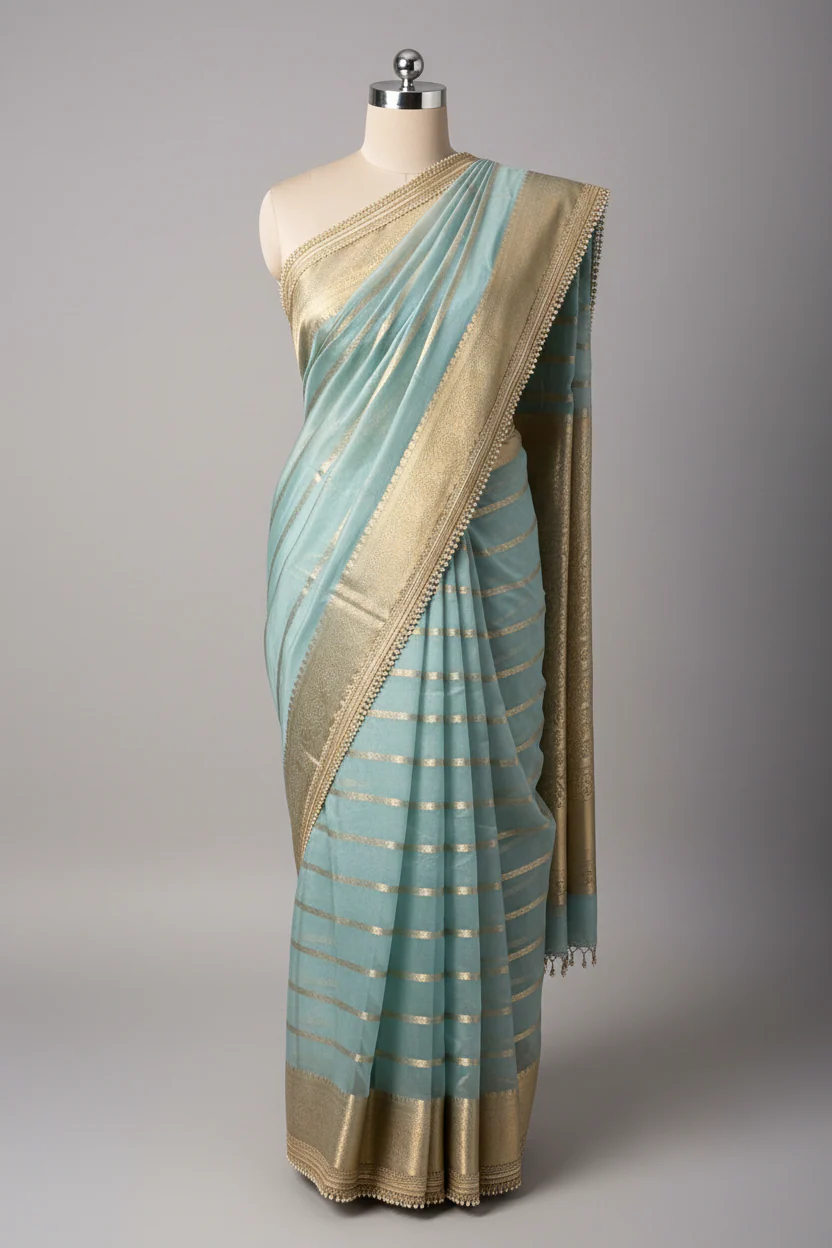 Pastel Sea Blue Kora Organza Silk Lace Attached Banarasi Saree