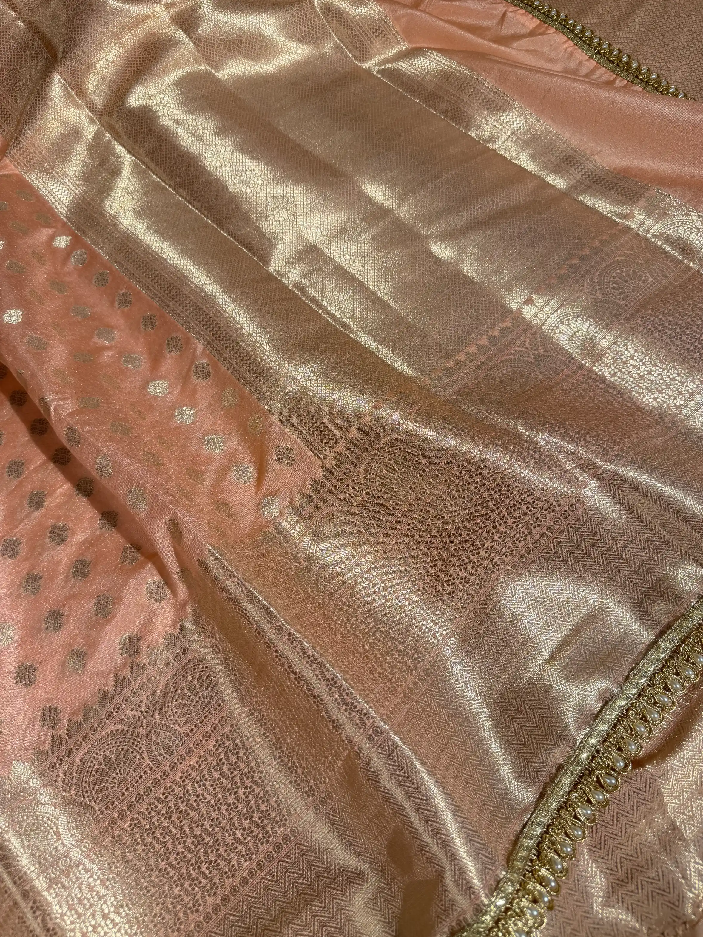 Peach Chinia Silk Designer Lace Work Banarasi Saree - Image 2