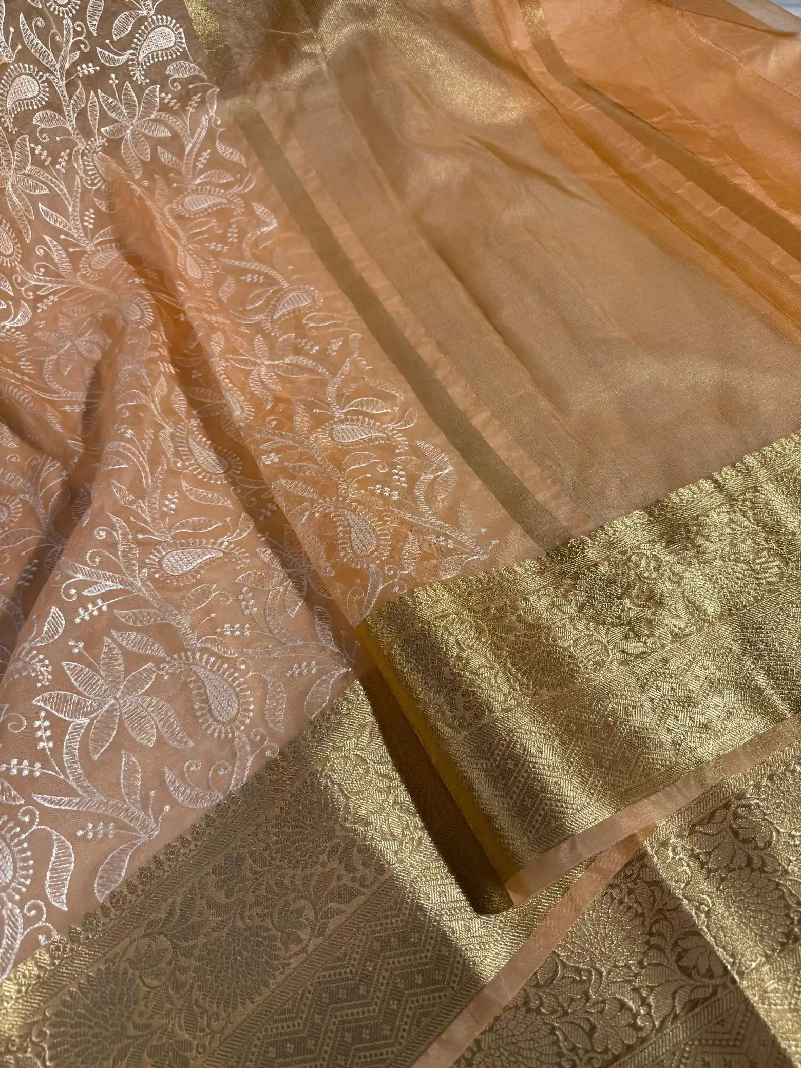 Peach Organza Silk Banarasi Chikankari Saree - Image 2