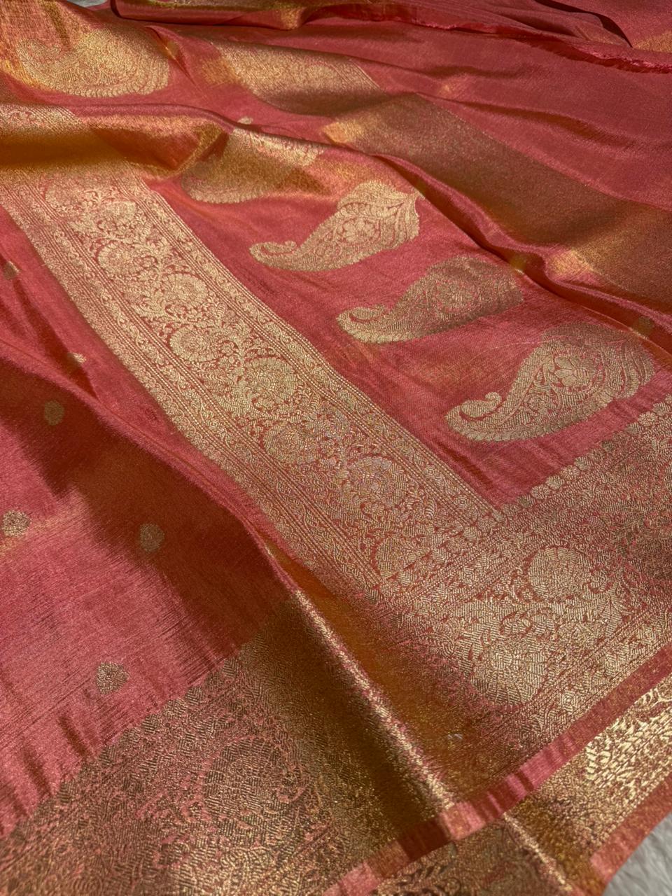 Peach Shade Premium Katan Tissue Banarasi Saree - Image 2