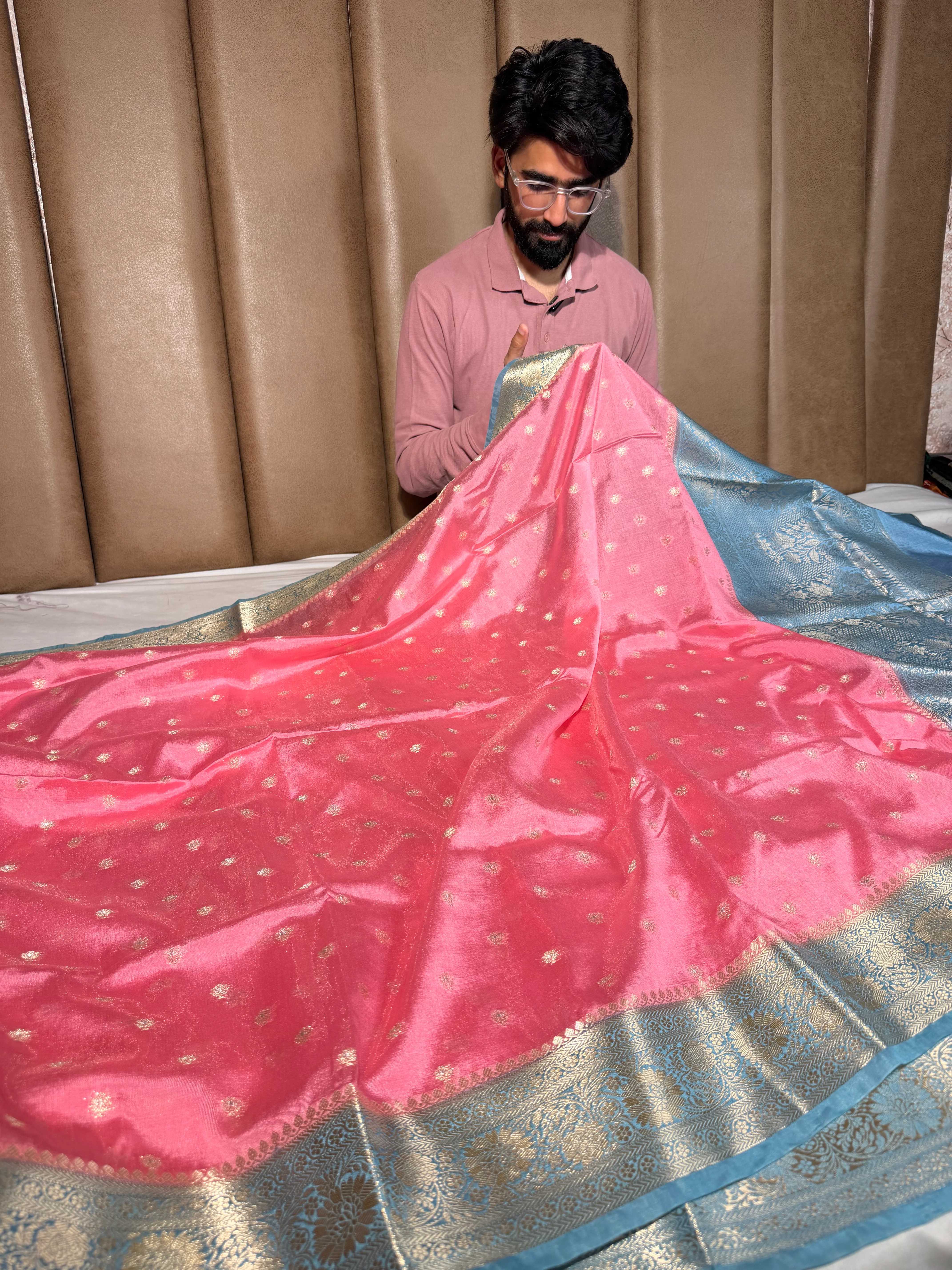 Pink Firozi Soft Georgette Traditional Banarasi Saree - Image 3