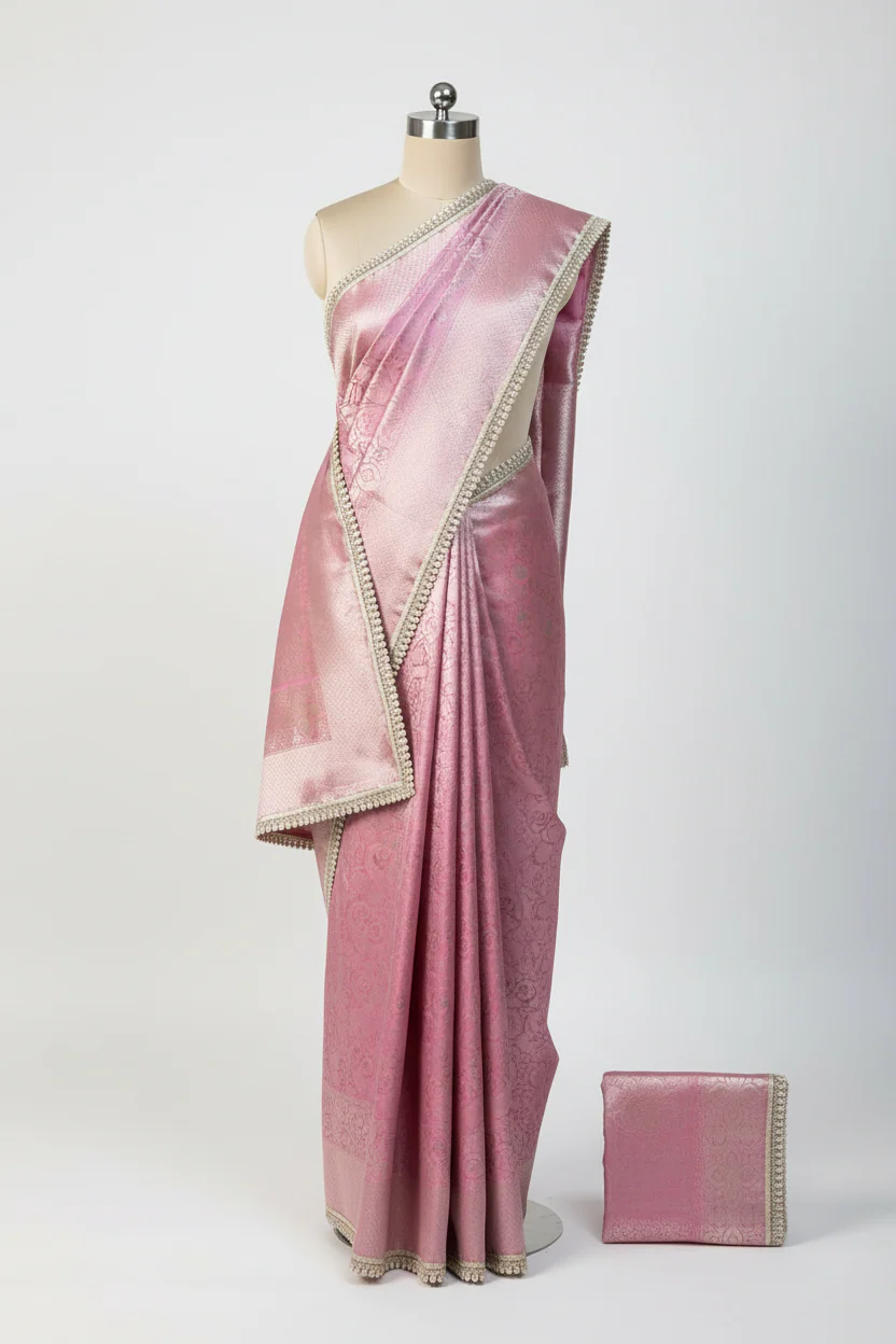 Pink Glass Tissue Silk Designer Lace Work Banarasi Saree - Image 2