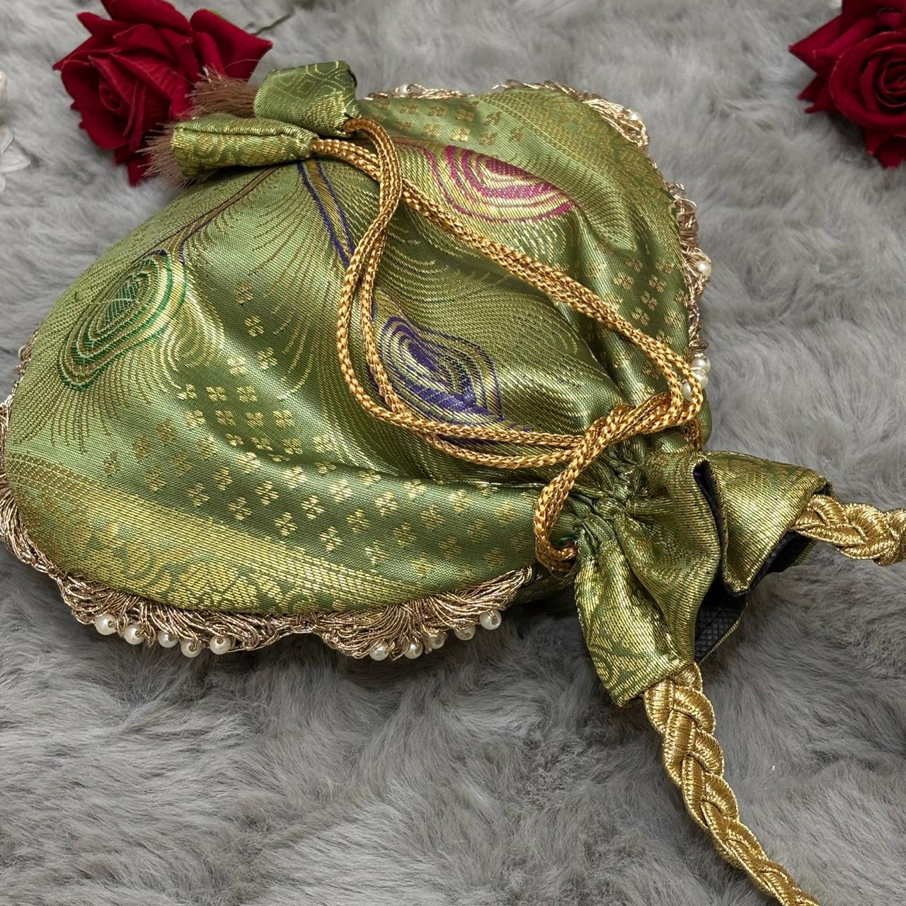 Pista Green Beautiful Lace Work Banarasi Potli Bags - Image 4