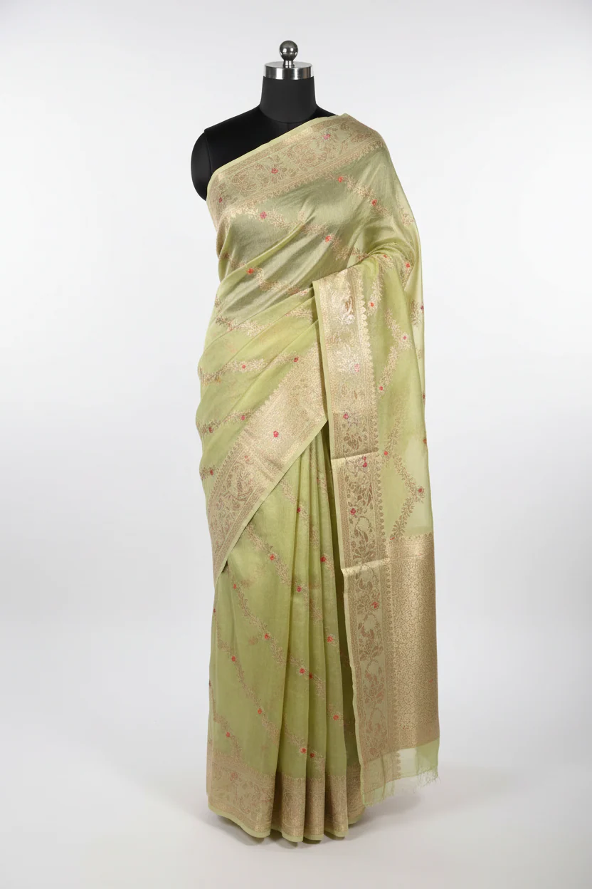 Pista Meenakari Weave Chinia Silk Banarasi Saree - Image 2