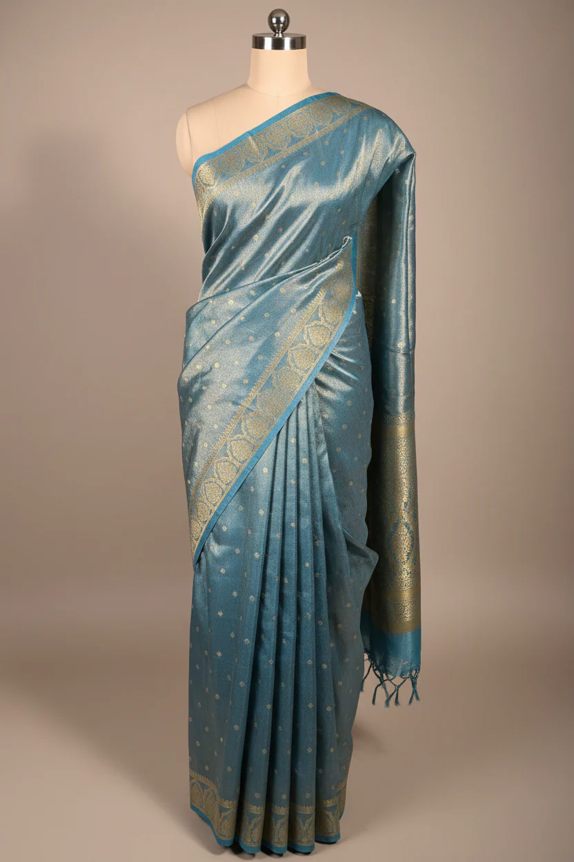 Powder Blue Breathable Soft Tissue Silk Saree - Image 2