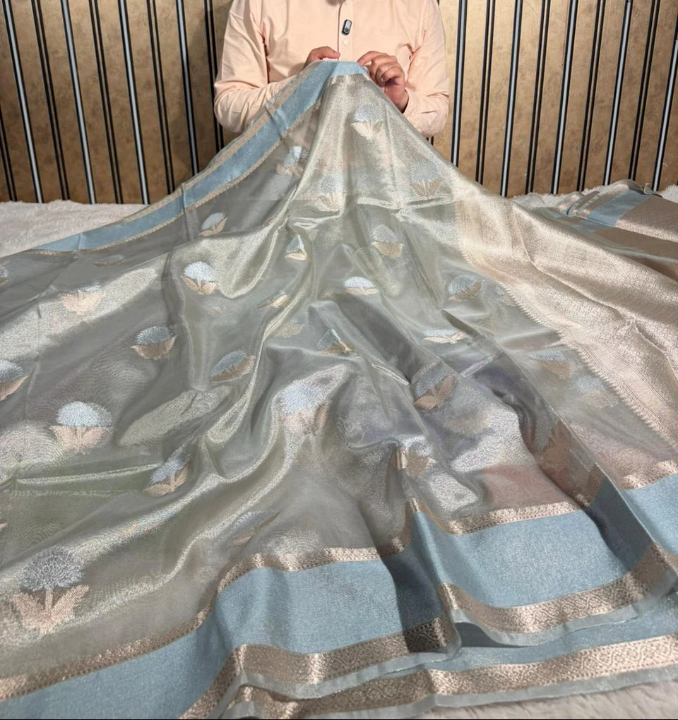 Powder Blue Soft Tissue Silk Heritage Banarasi Saree