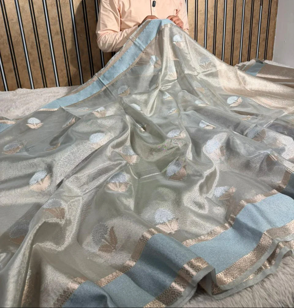 Powder Blue Soft Tissue Silk Heritage Banarasi Saree - Image 3