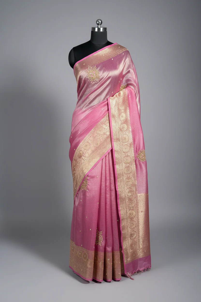 Preety Pink Tissue Silk Premium Handwork Banarasi Saree - Image 2