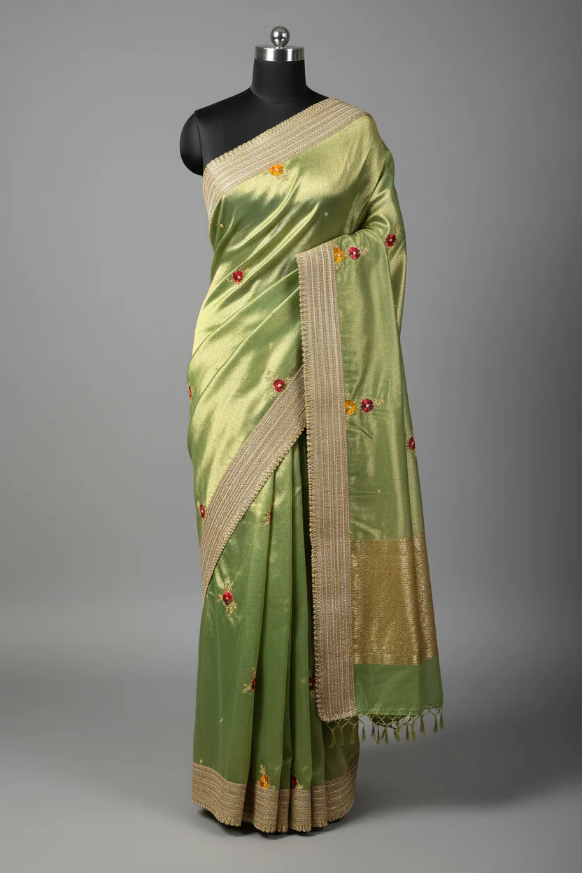 Pretty Green Kora Tissue Silk Handwork Banarasi Saree - Image 2