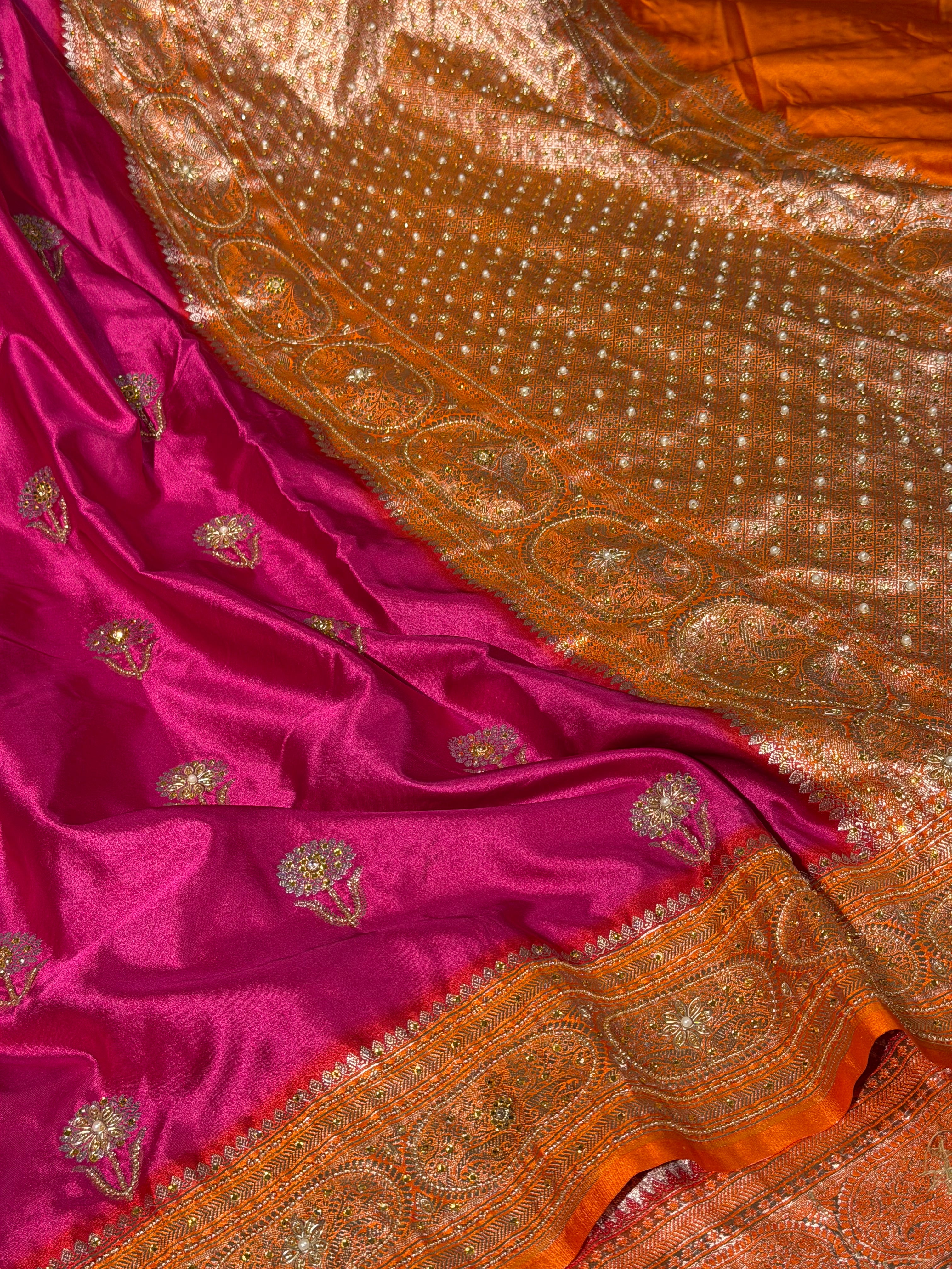 Rani Orange Mashru Katan Premium Handwork Saree - Image 2