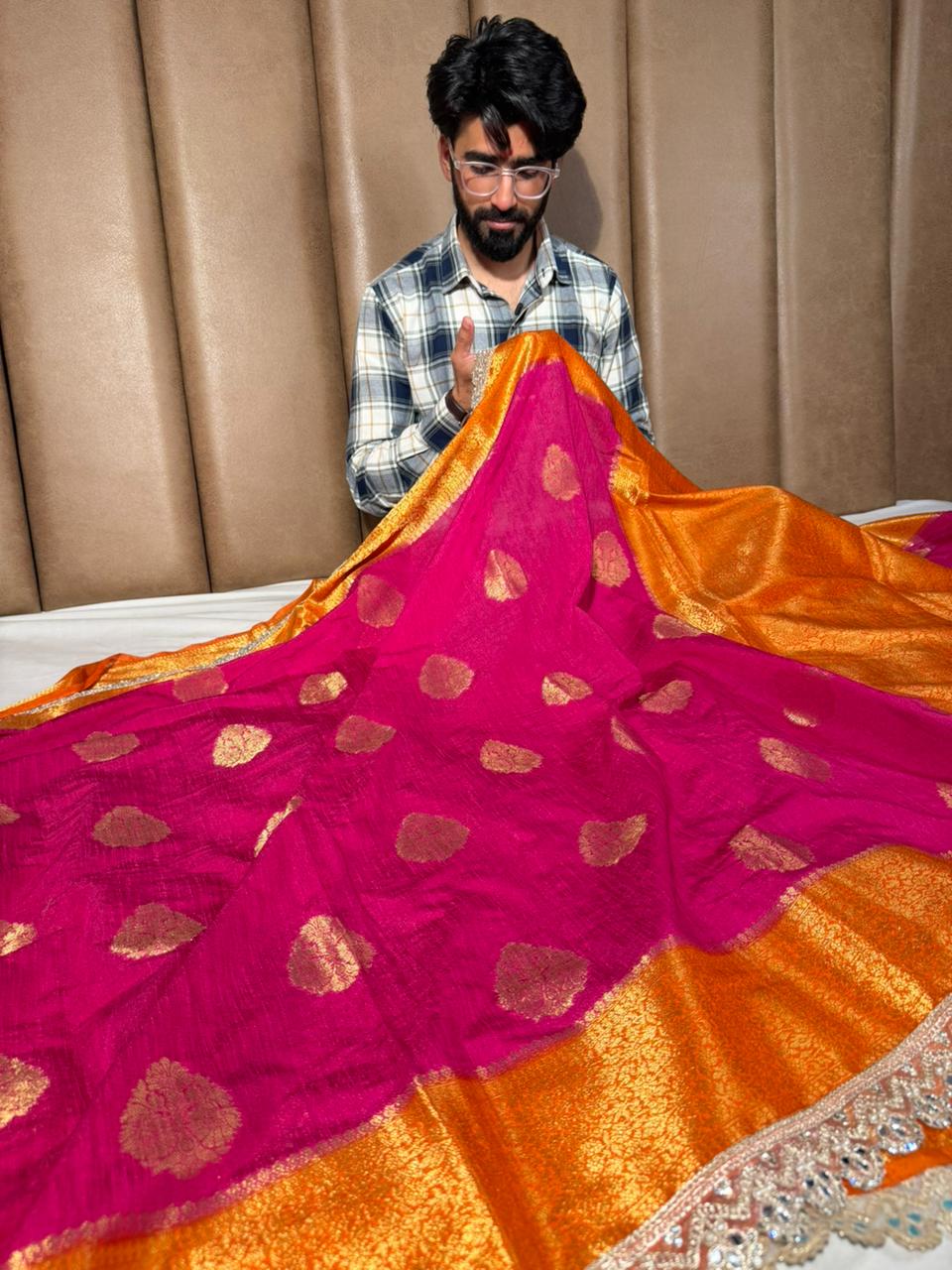 Rani-Orange Matka Silk Pearl Lace Work Saree - Image 3