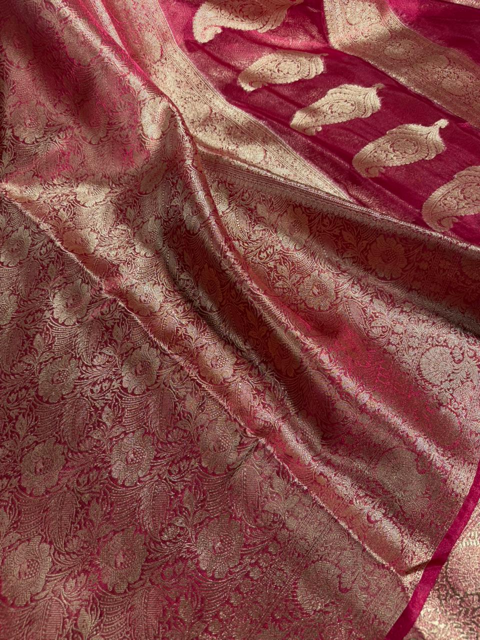 Rani pink brocade tissue silk Banarasi Saree - Image 2