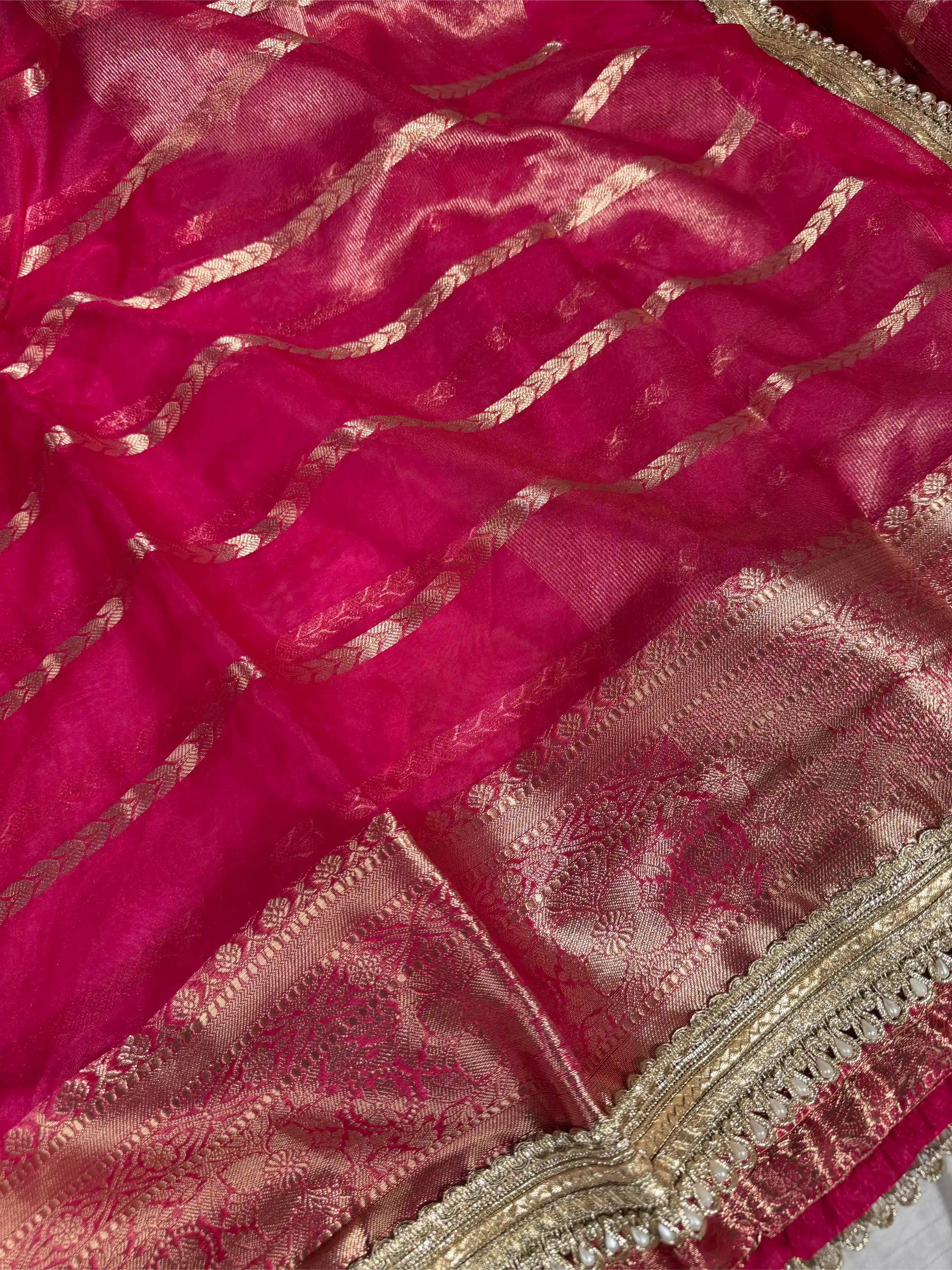 Rani Pink Kora Organza Silk Designer Lace Work Banarasi Saree - Image 3
