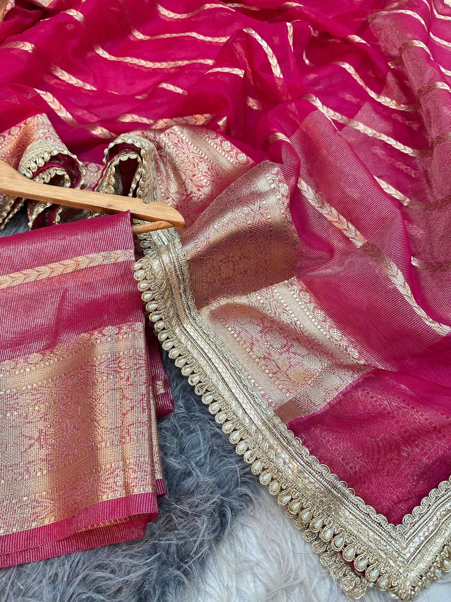 Rani Pink Kora Organza Silk Designer Lace Work Banarasi Saree - Image 4