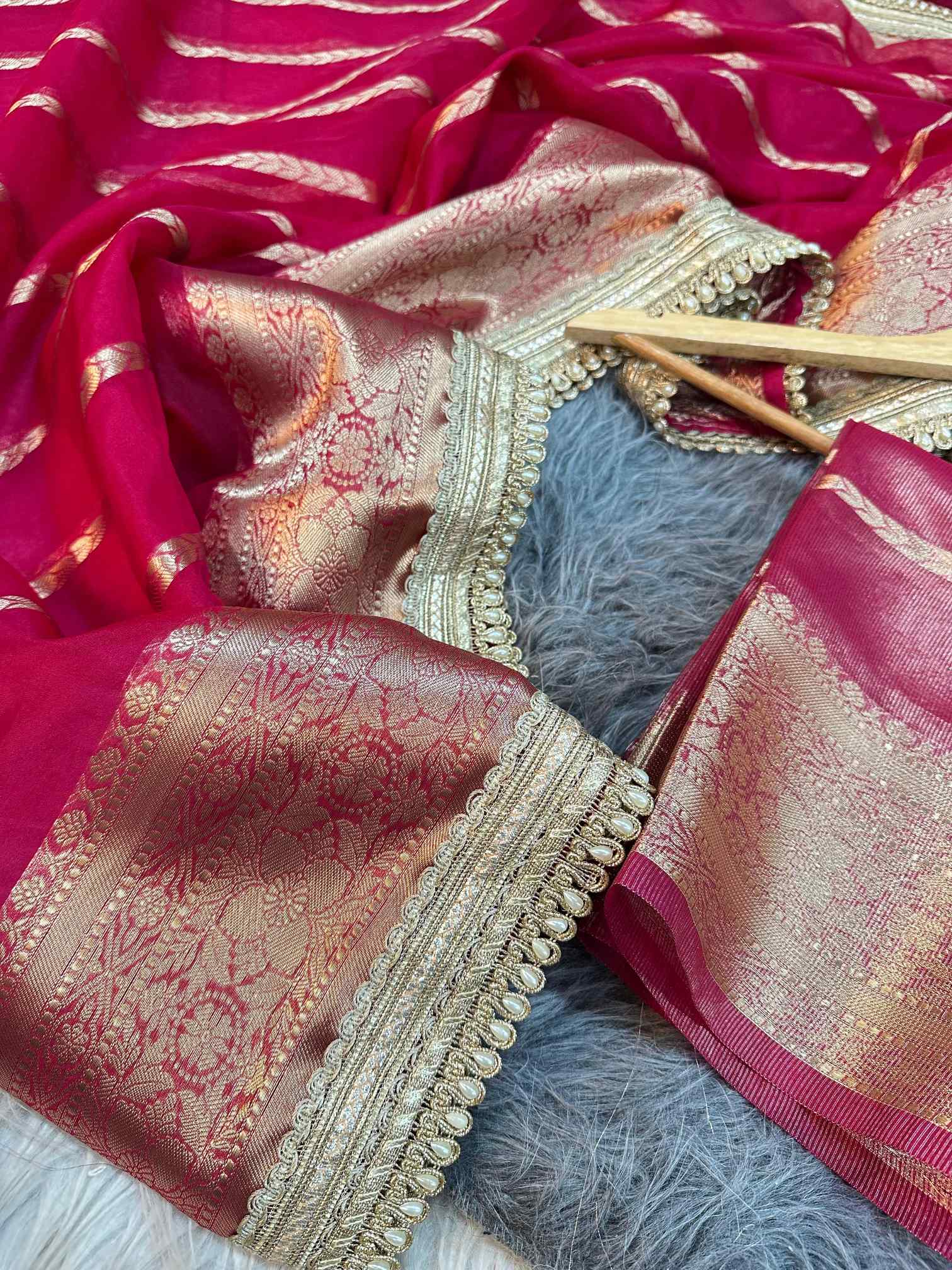 Rani Pink Kora Organza Silk Designer Lace Work Banarasi Saree - Image 6