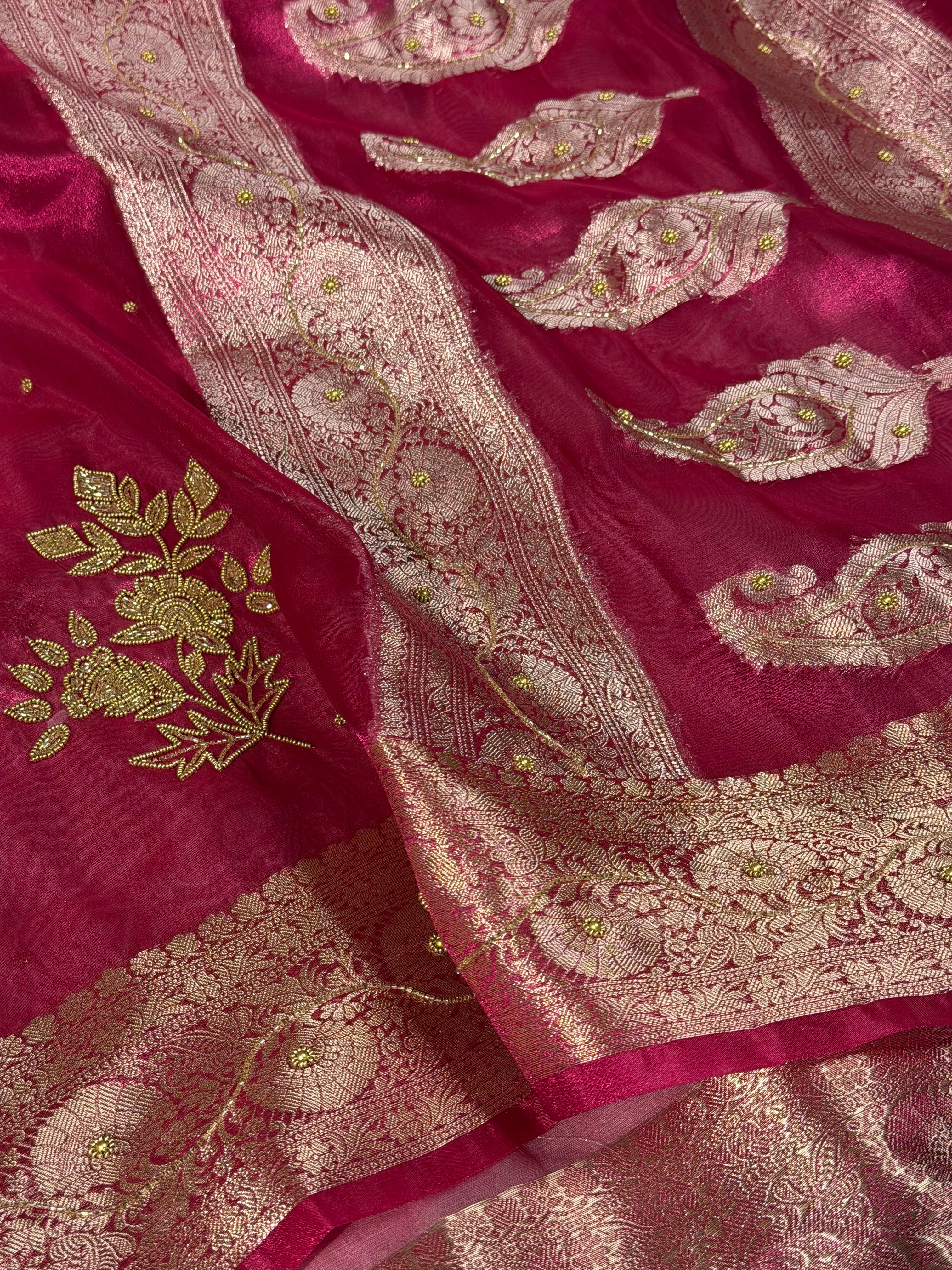 Rani Pink Kora Tissue Intricate Handwork Banarasi Saree - Image 2