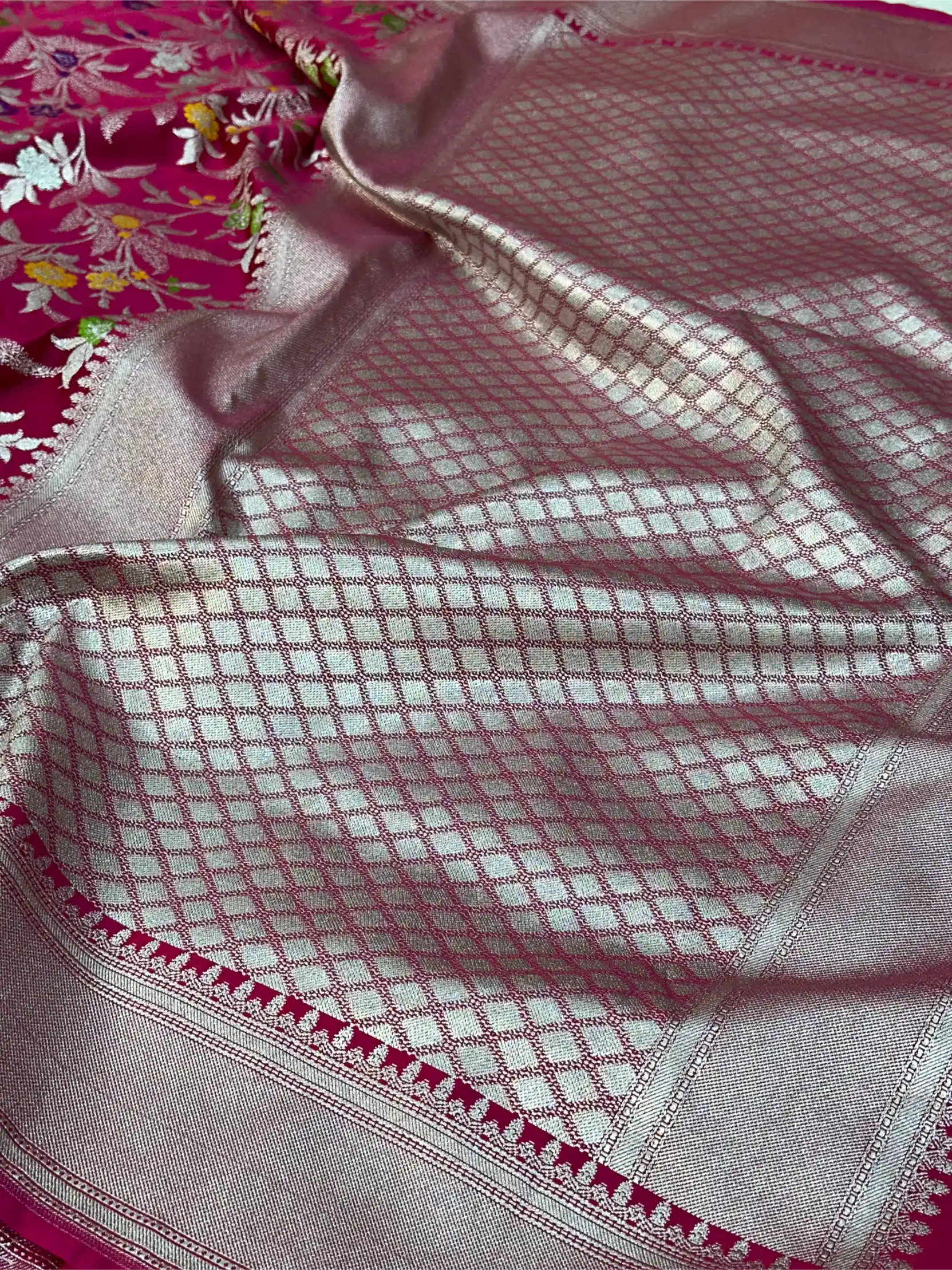 Rani Pink Mashru Katan Silk Meenakari Intricate Weave Banarasi Saree - Image 7