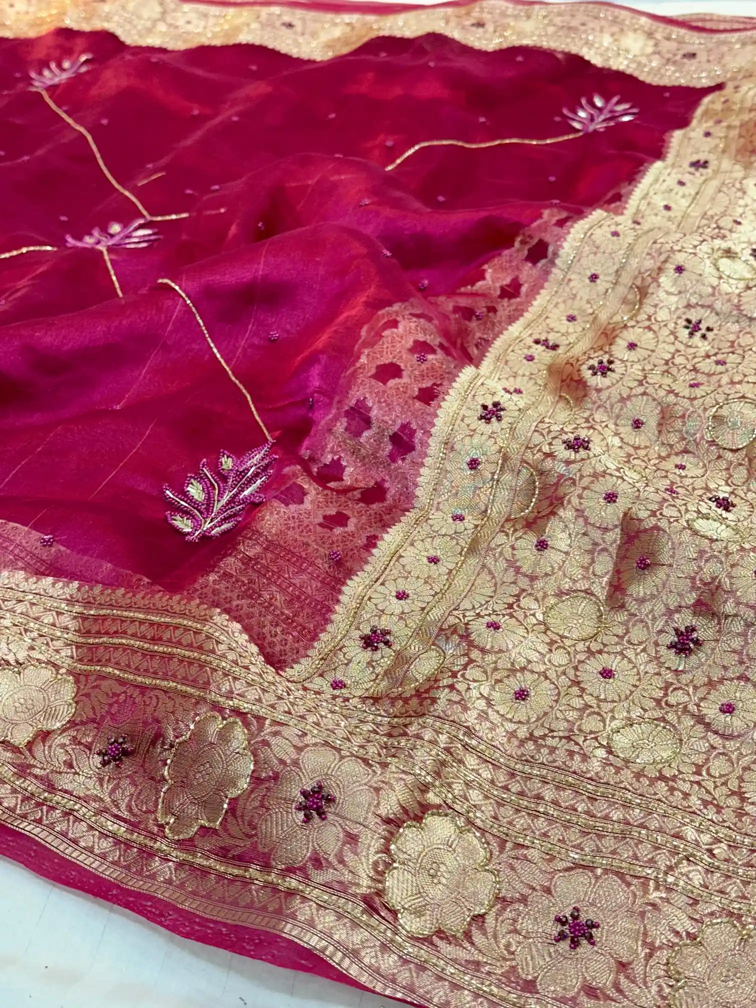 Rani Pink Premium Handwork Pure Tissue Silk Banarasi Saree - Image 3