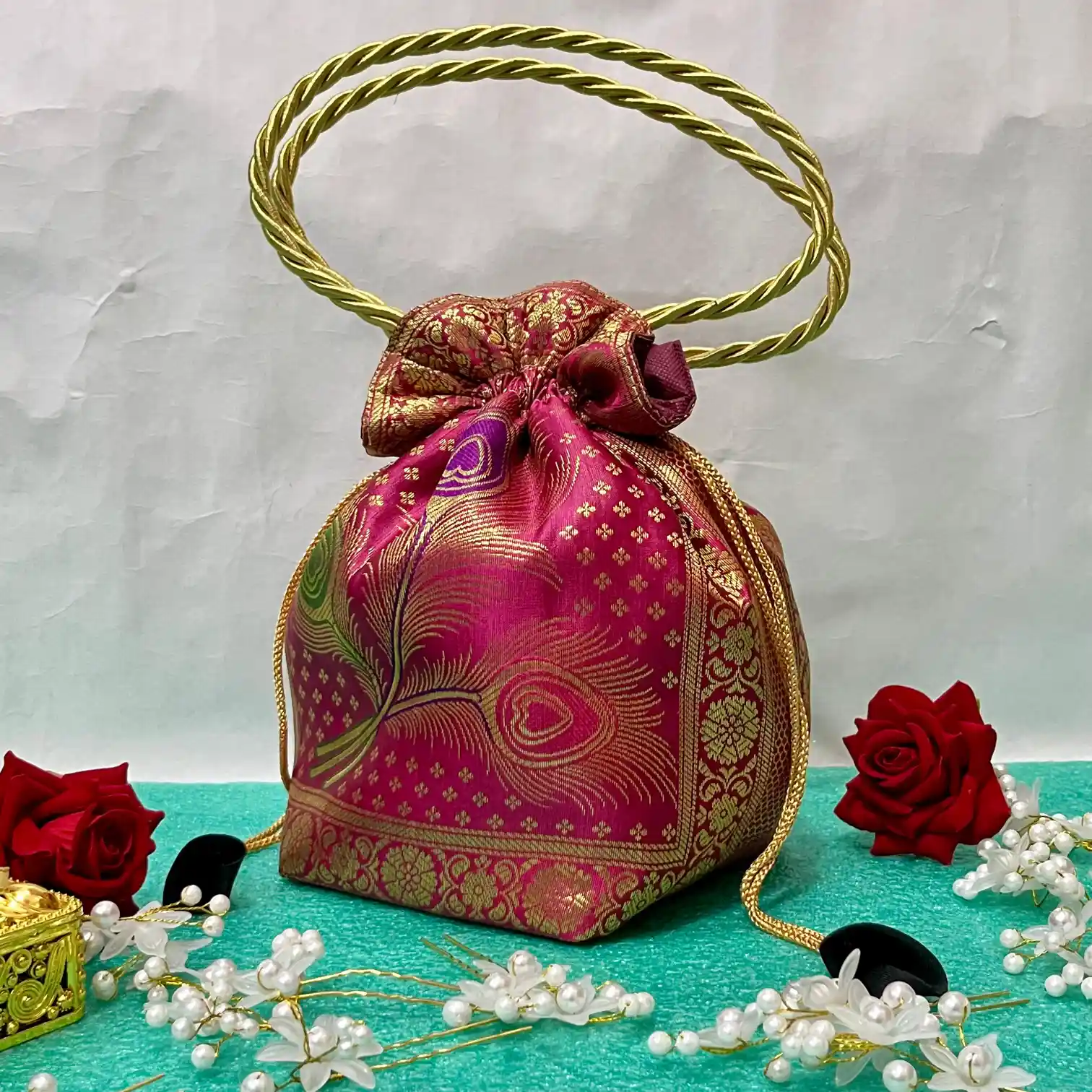 Rani Pink Shade Banarasi Potli Bags - Image 2