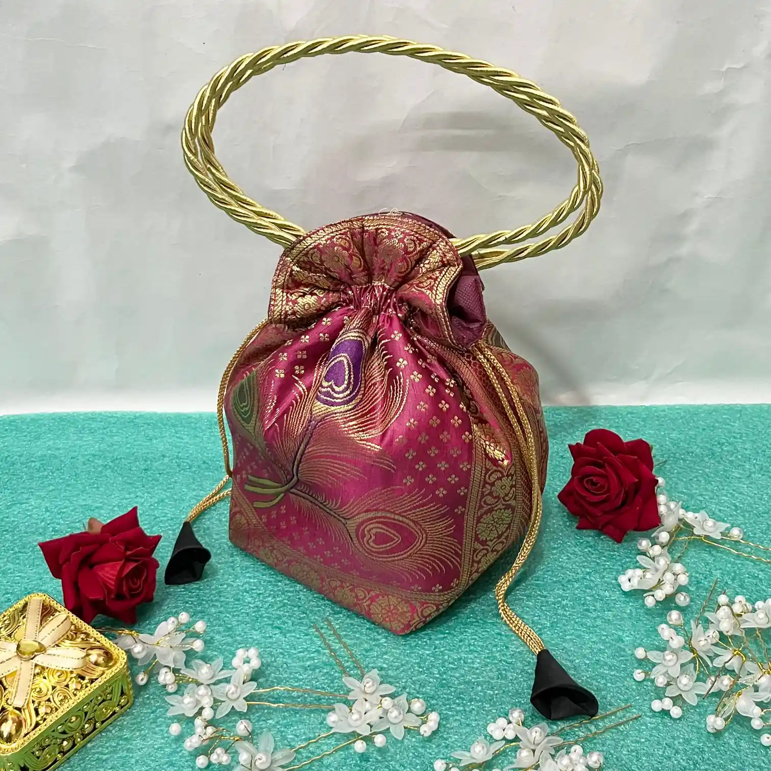 Rani Pink Shade Banarasi Potli Bags - Image 4