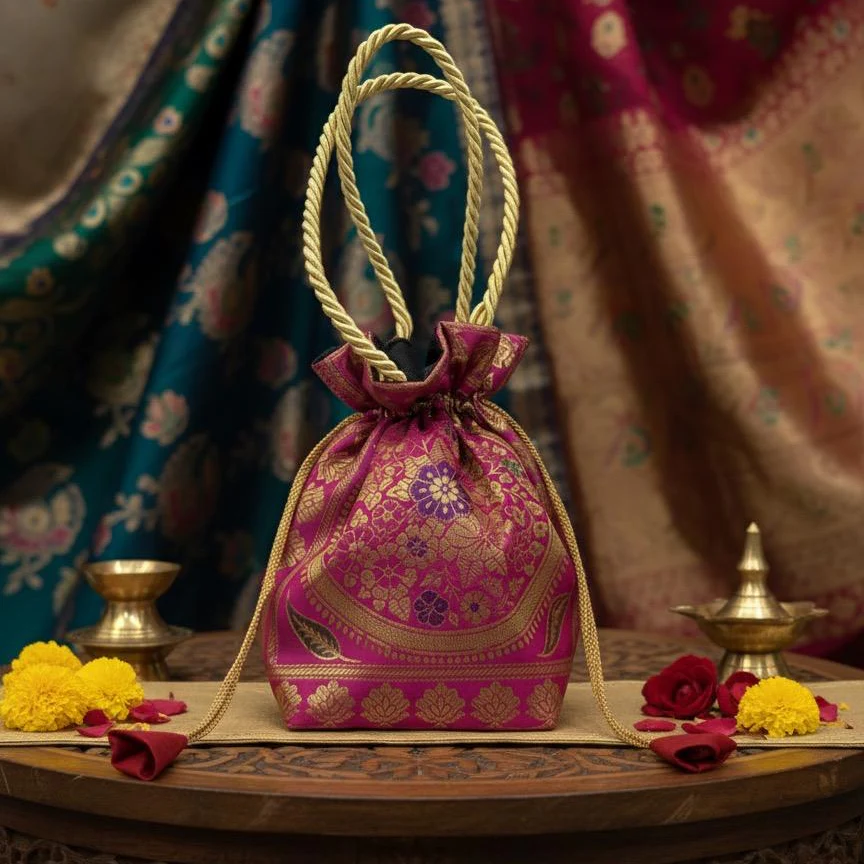 Rani Pink Handcrafted Banarasi Potli Bag