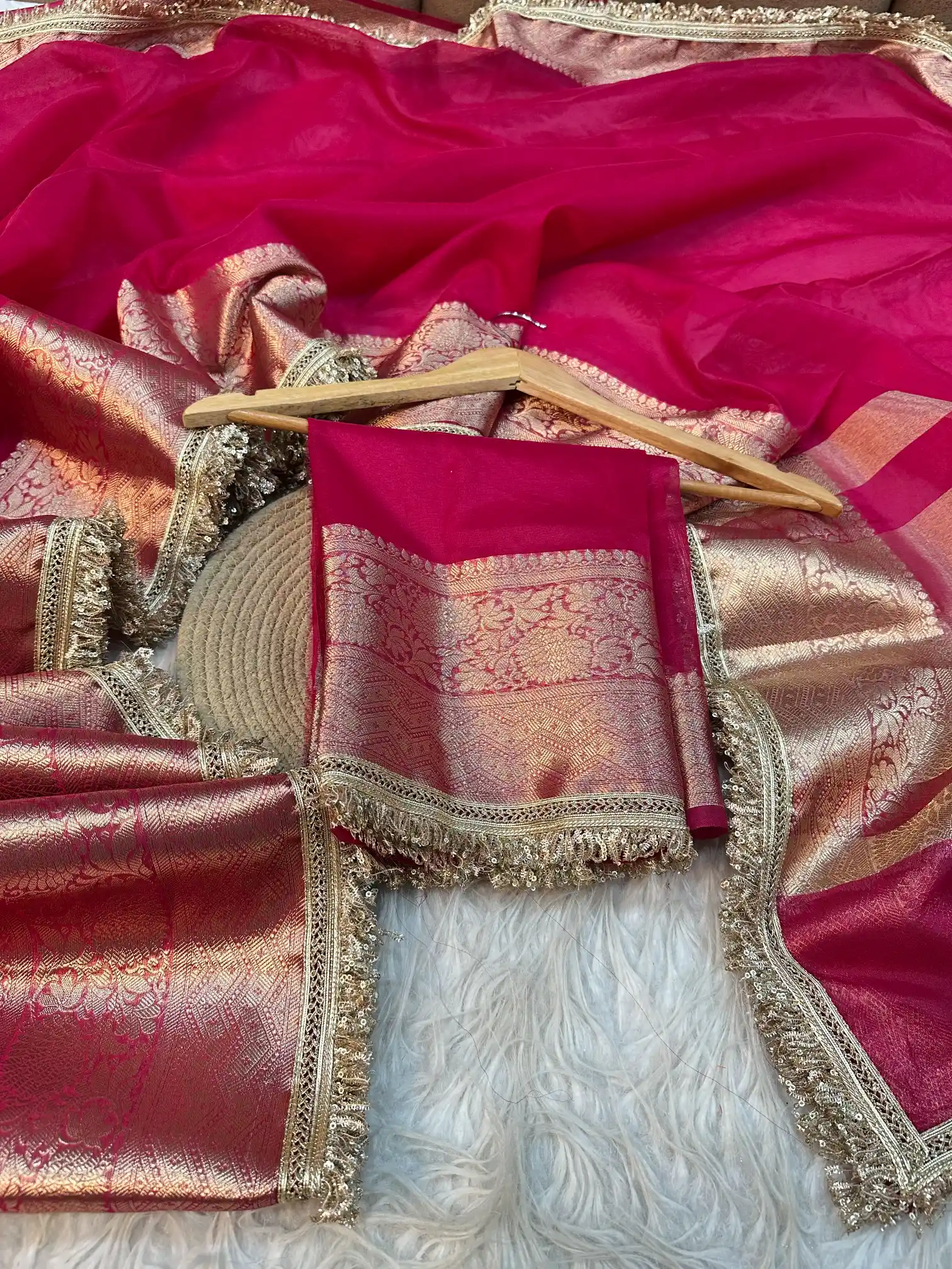 Rani Pink Kora Organza Silk Lace Work Banarasi Saree
