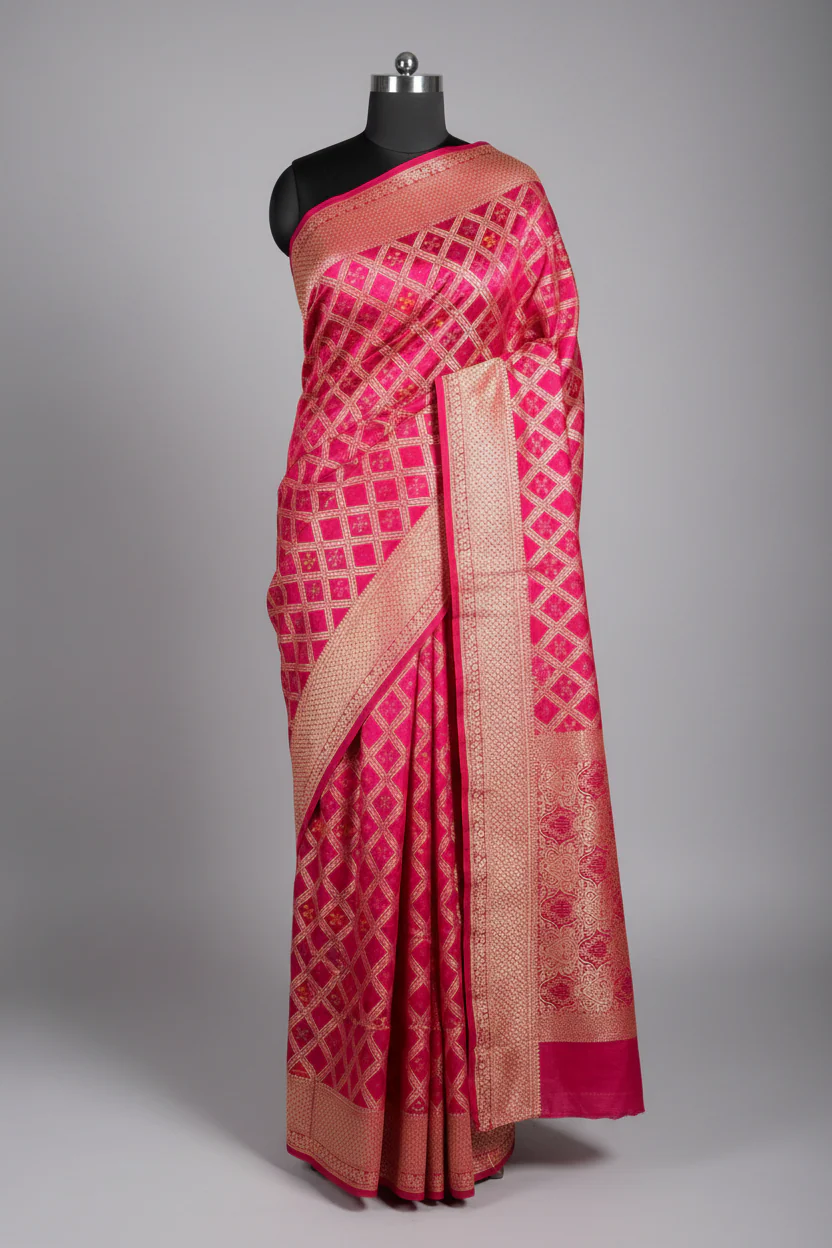 Rani Pink Soft Georgette Silk Bandhani Banarasi Saree - Image 2