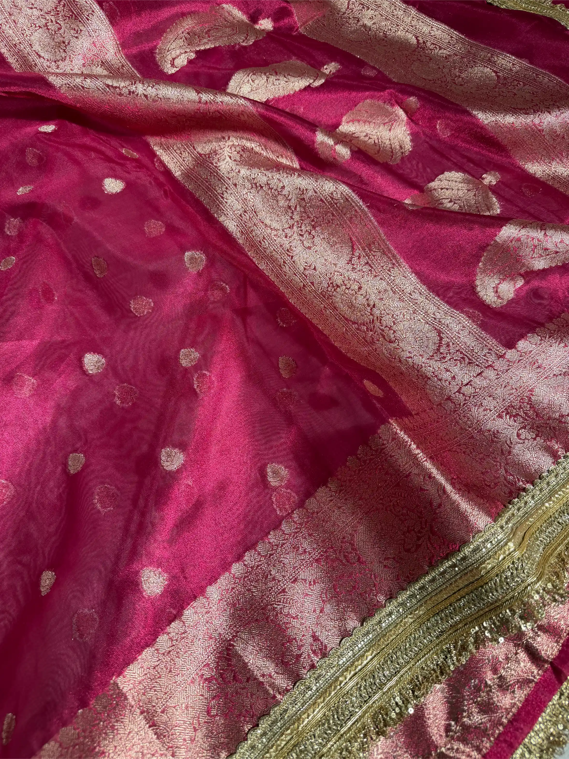 Rani Pink Tissue Silk Designer Lace Attached Banarasi Saree - Image 2