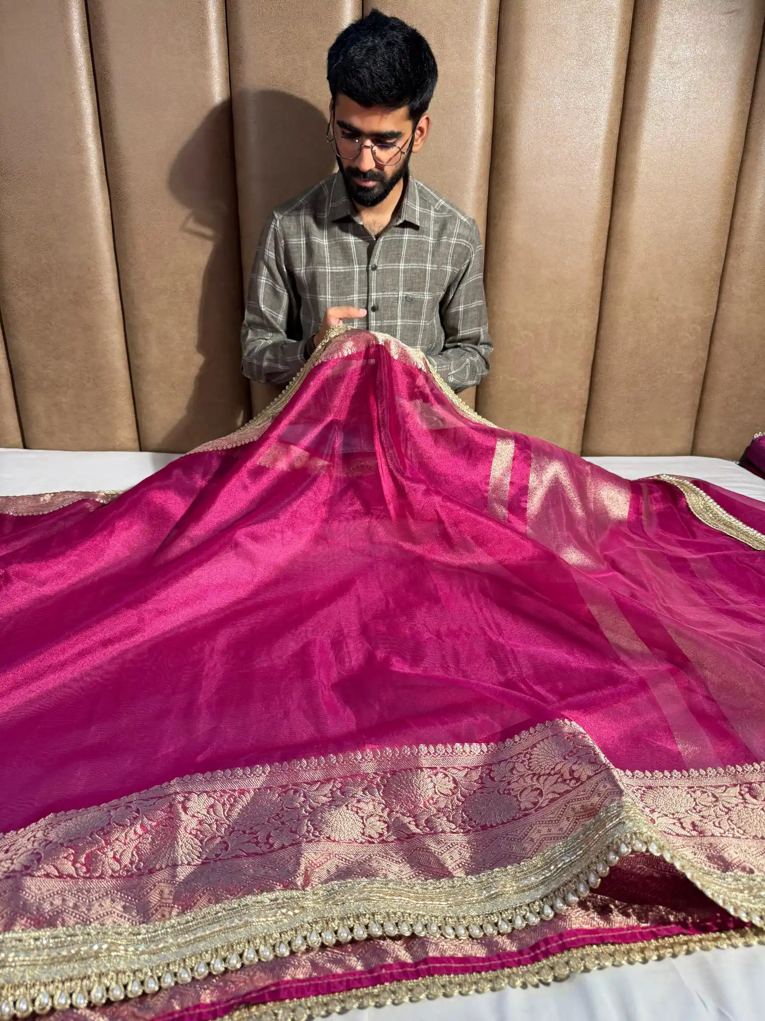 Rani Pink Tissue Silk Designer Moti Lace Work Banarasi Saree