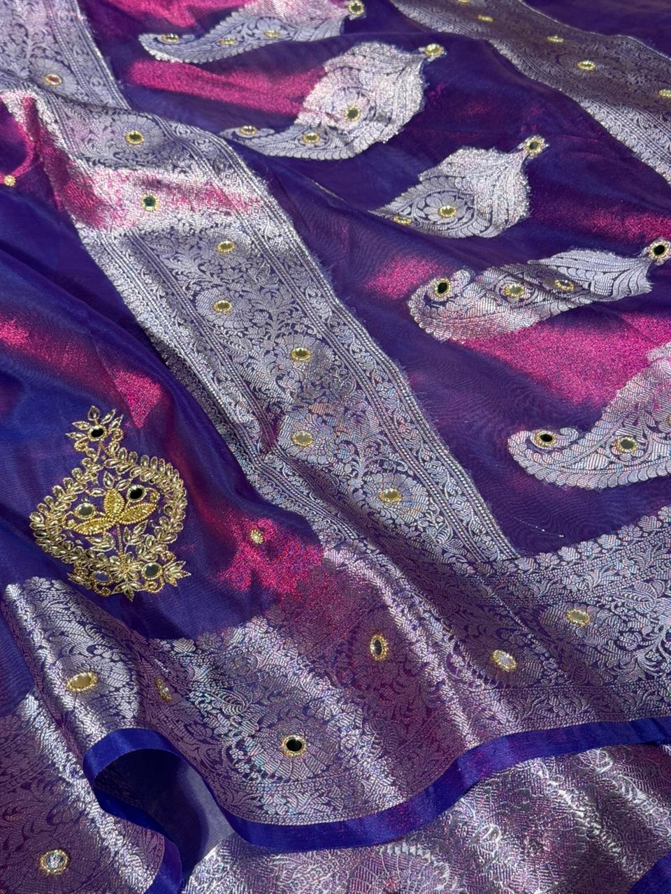 Rare Baigani Kora Tissue Handwork Banarasi Saree - Image 2