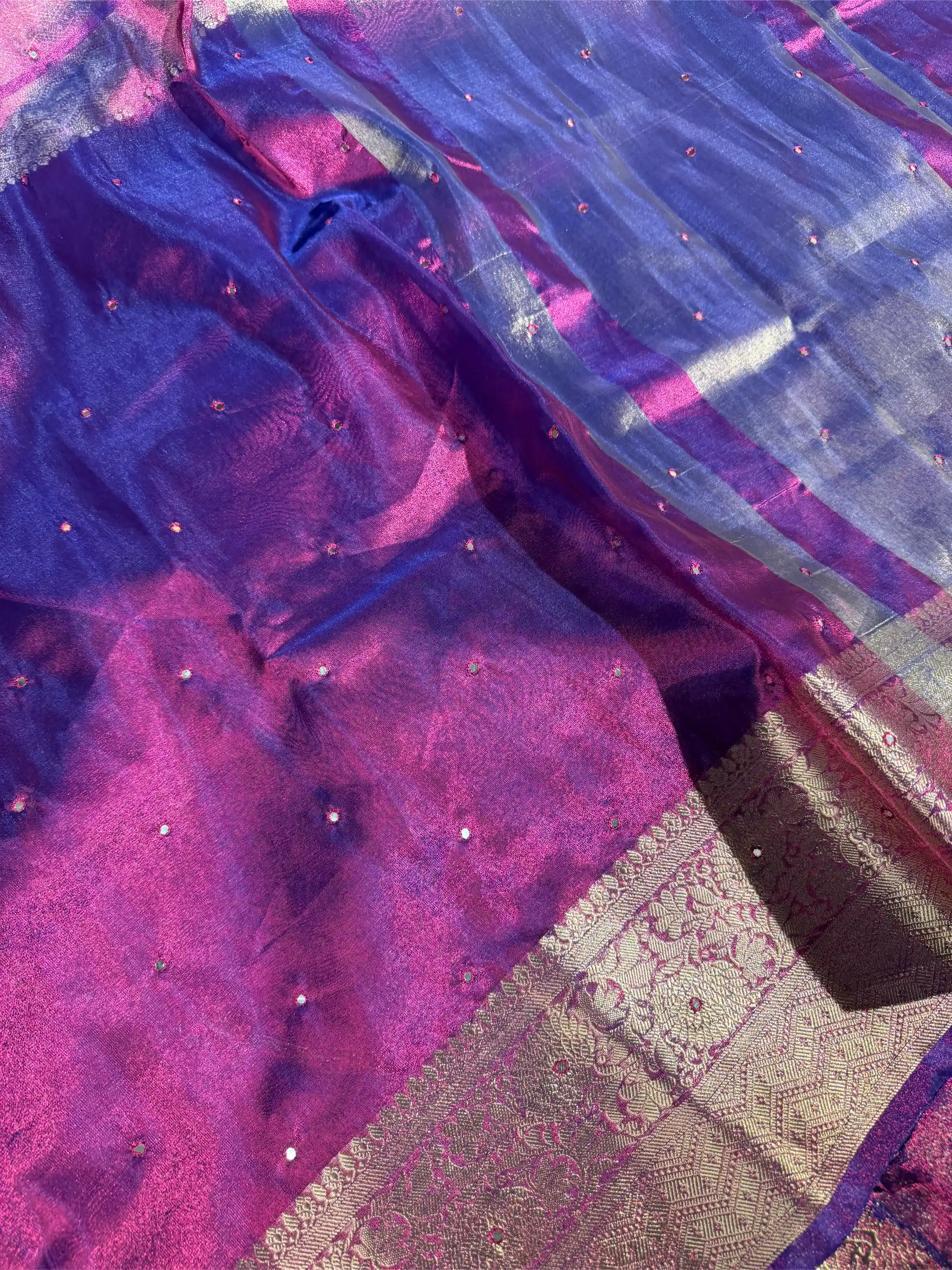 Rare Baigani Kora Tissue Silk Mirror Work Banarasi Saree - Image 2