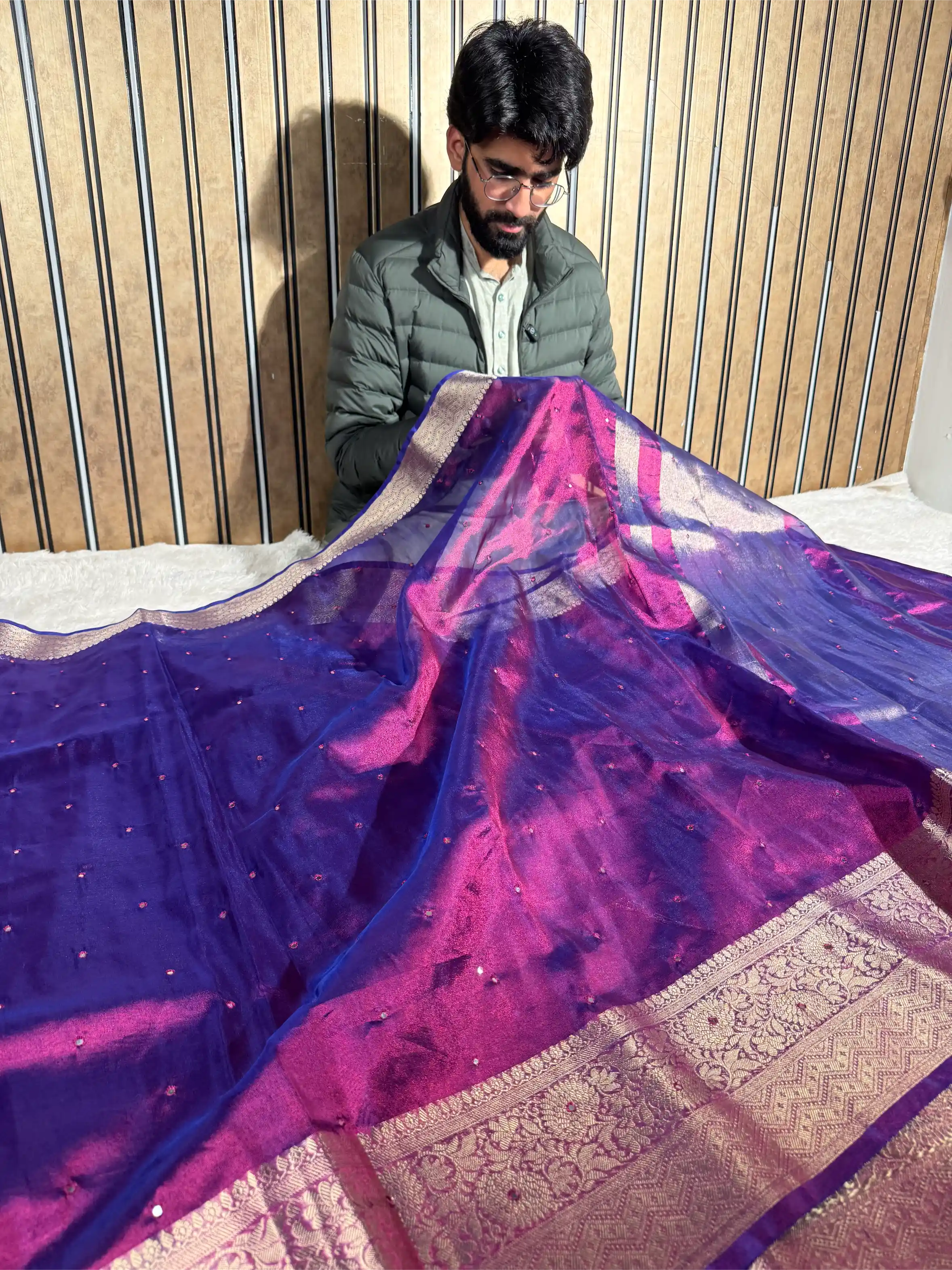 Rare Baigani Kora Tissue Silk Mirror Work Banarasi Saree - Image 3