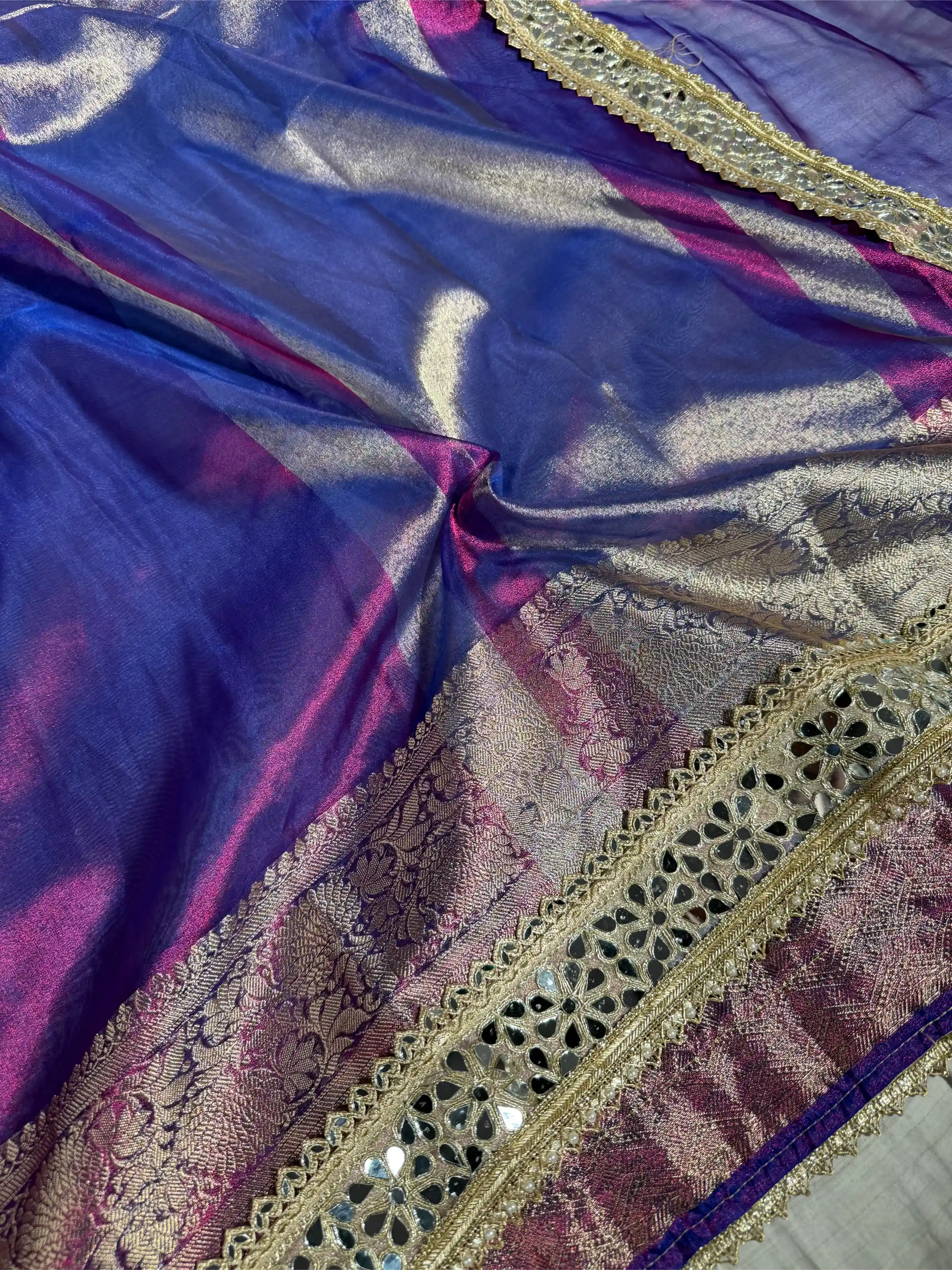 Rare Baigani Tissue Silk Mirror Work Banarasi Saree - Image 2